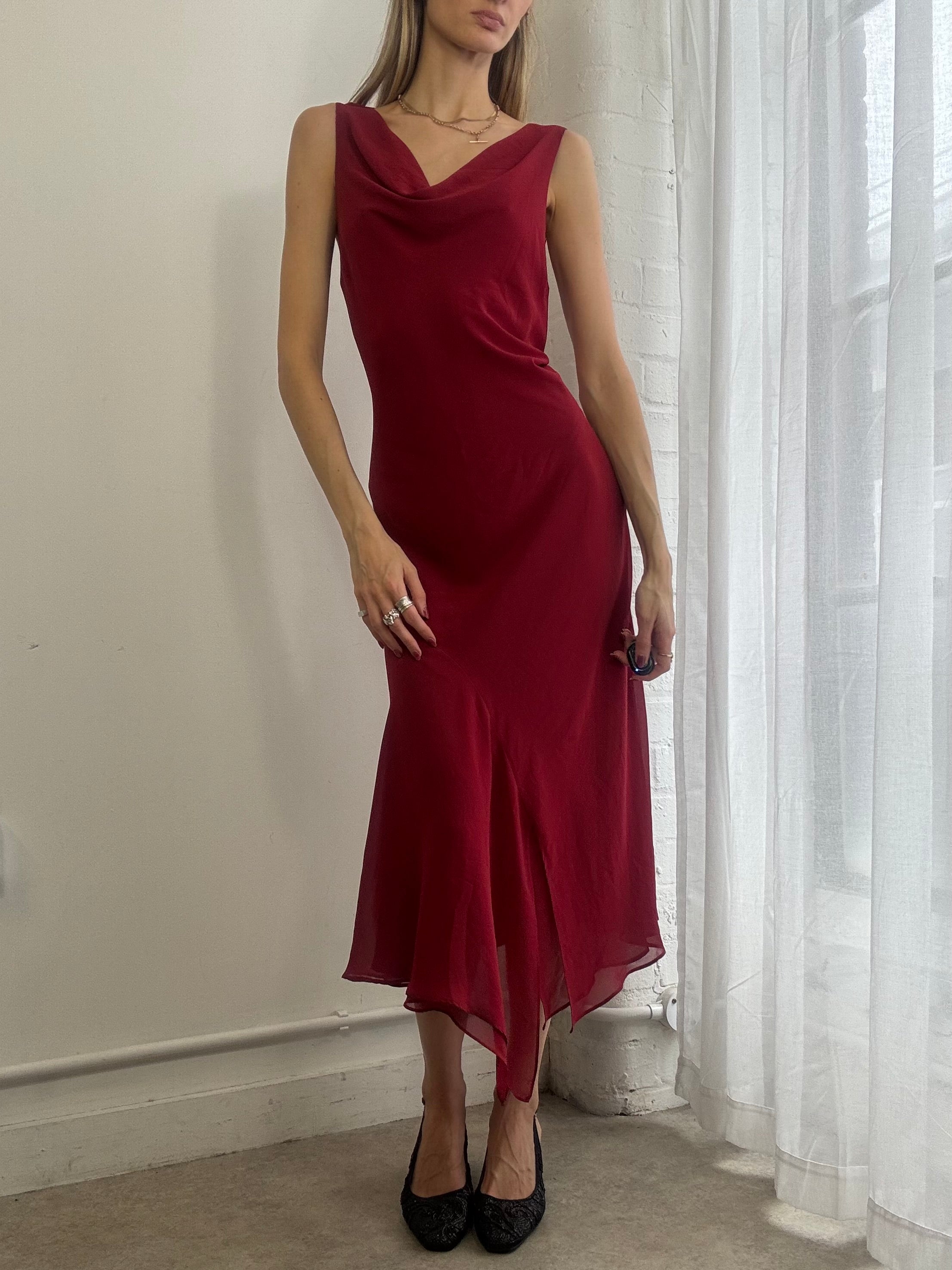 Vintage 90s Red Mesh Cowl Neck Midi Dress Asymmetric