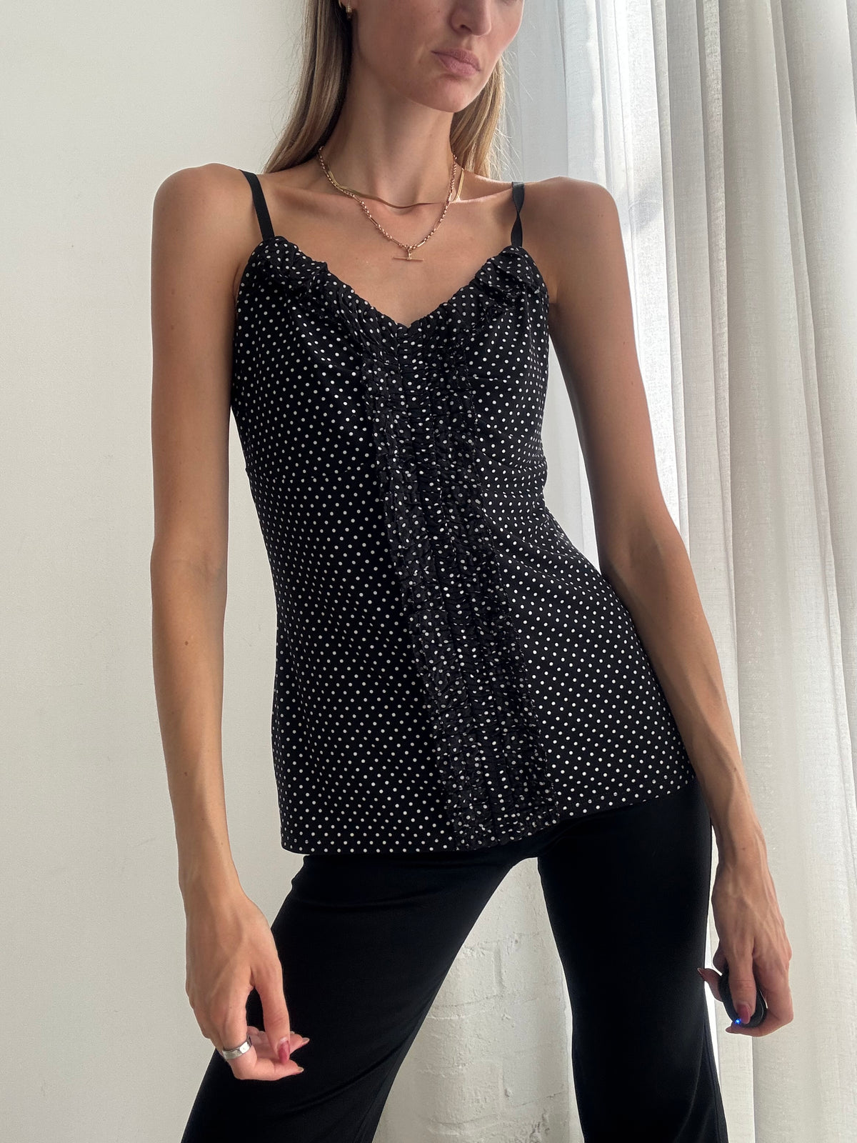 Vintage Y2K Black Polkadot Cami Top Ruffle - Size M