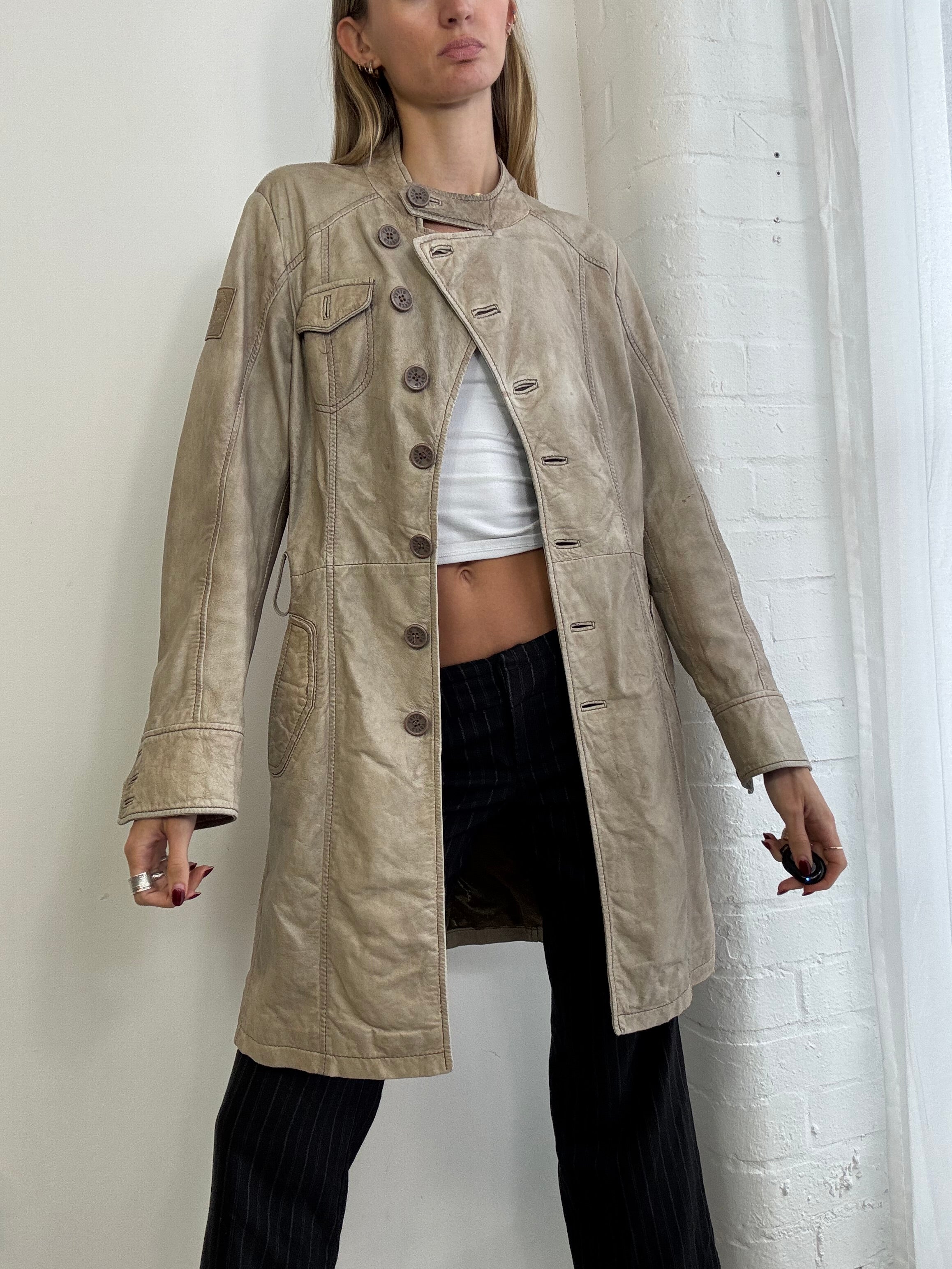 Vintage Y2K asymmetric leather trench coat belted