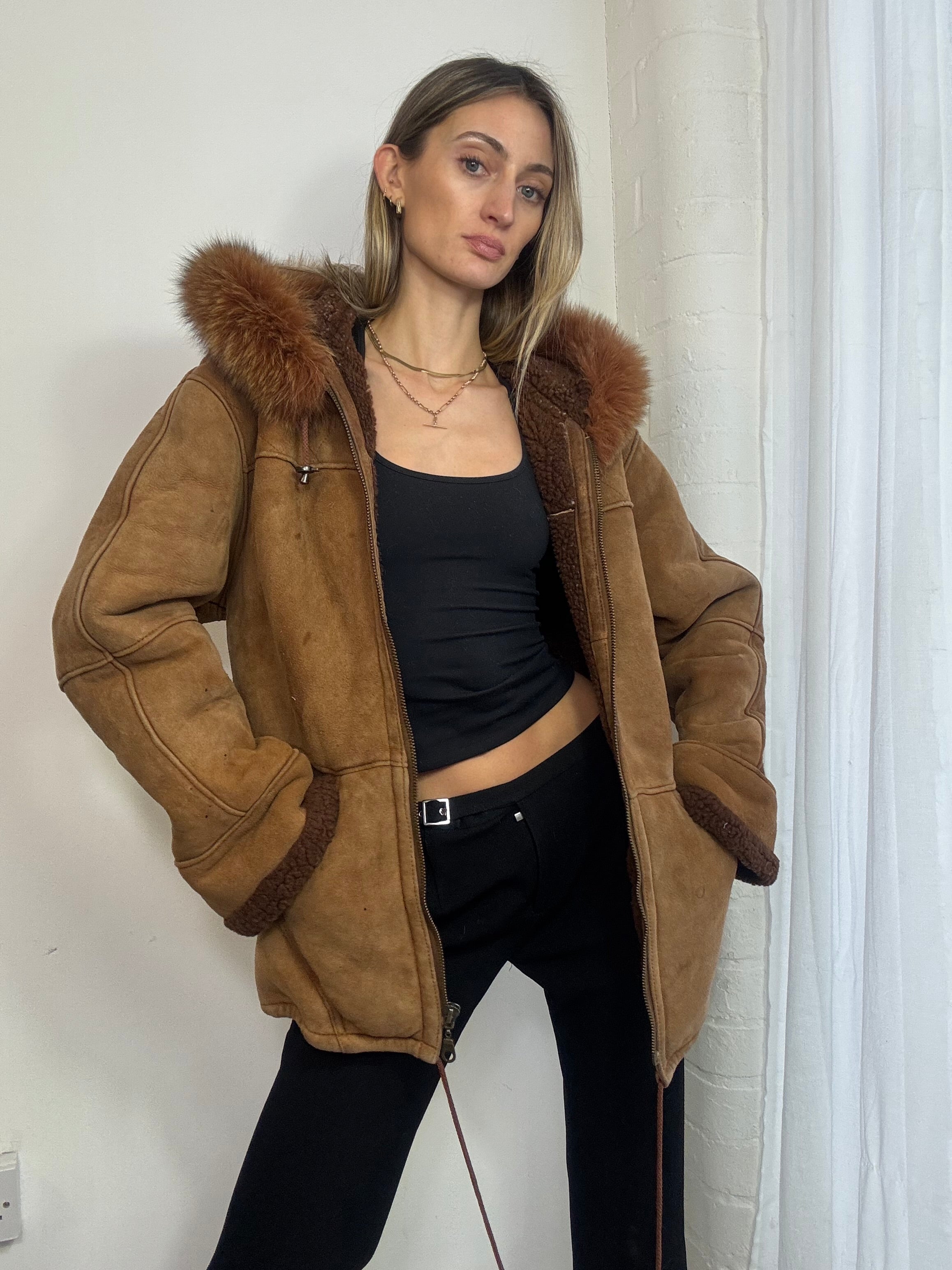 Vintage 90s brown suede hooded coat