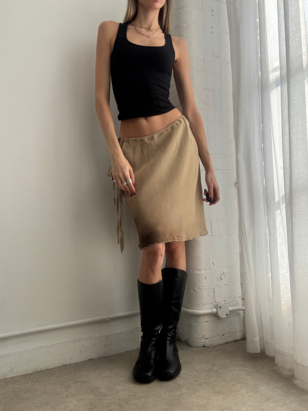 Vintage Y2K brown mesh tie side midi skirt