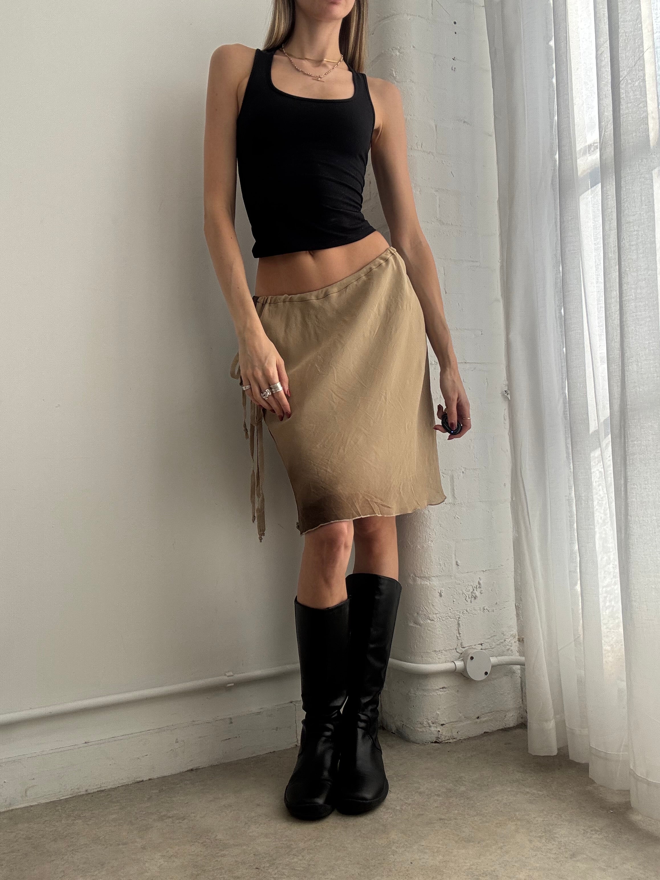 Vintage Y2K brown mesh tie side midi skirt