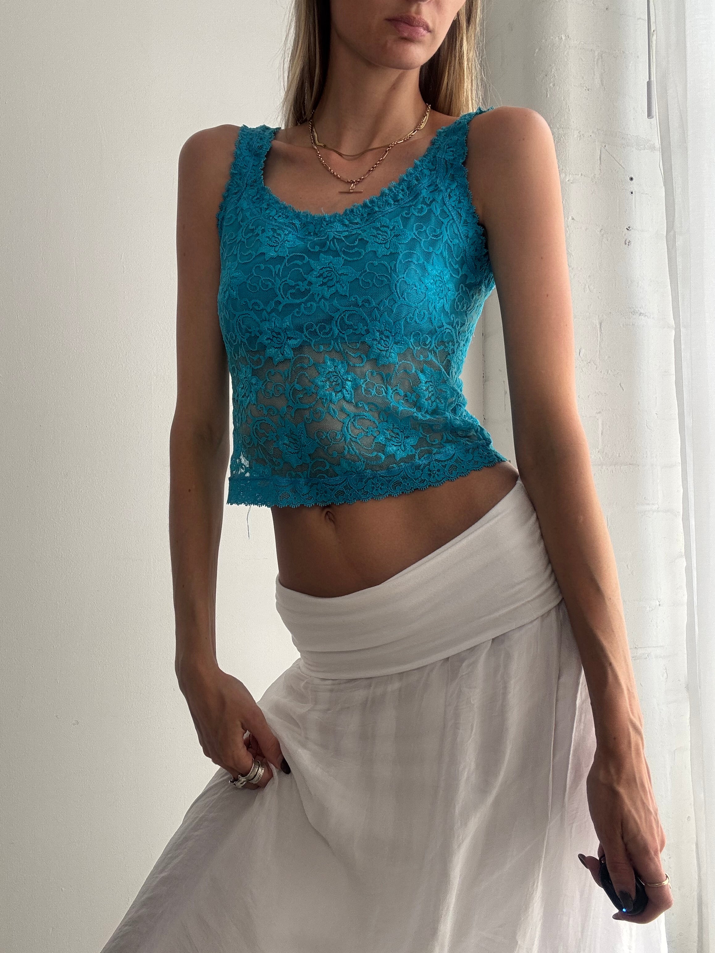 Vintage Y2K turquoise lace sleeveless top - Size S