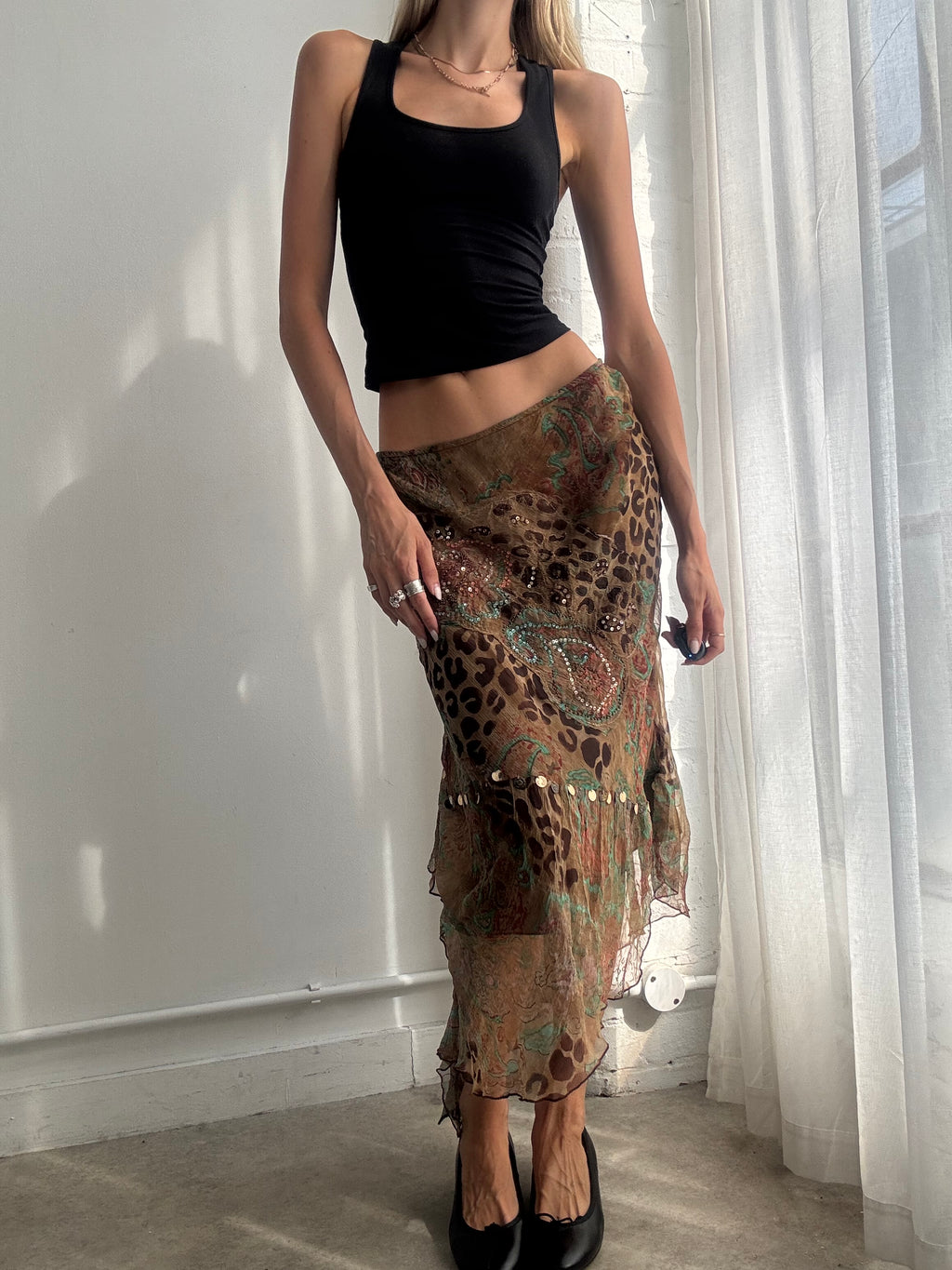 Vintage Y2K Brown Abstract Paisley Animal Print Mesh Asymmetric Midi Skirt - Size M/L