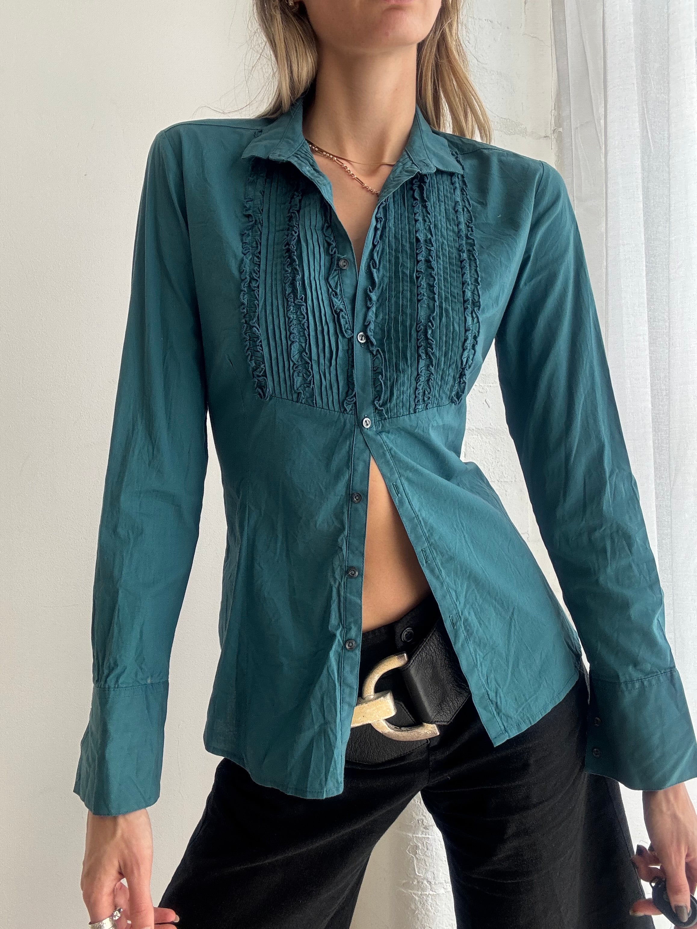 Vintage teal ruffle detail fitted blouse - Size S
