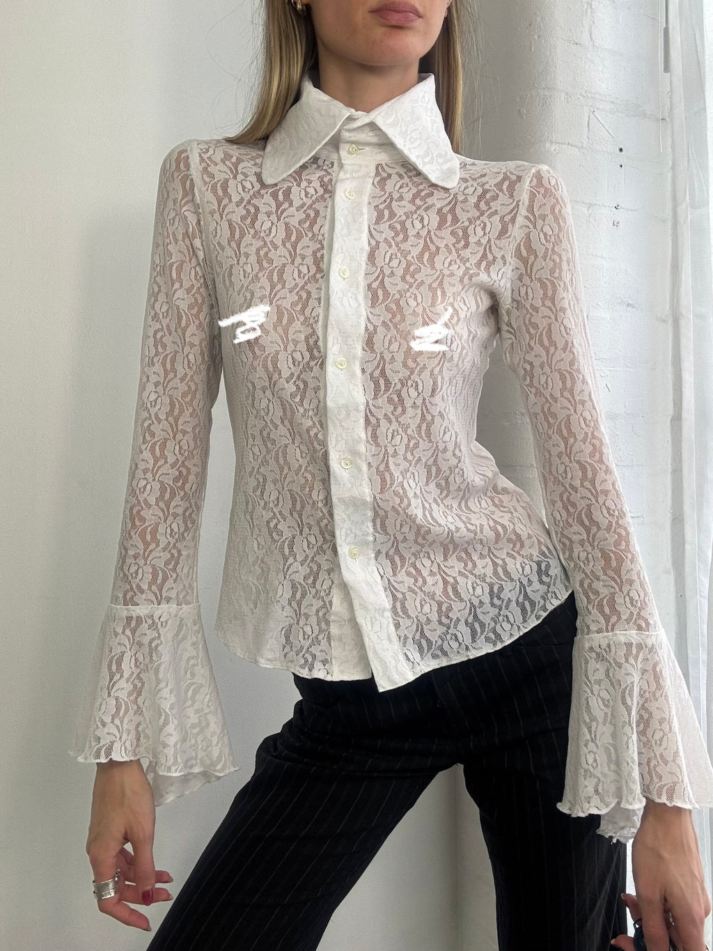 Vintage 90s sheer white lace button up blouse