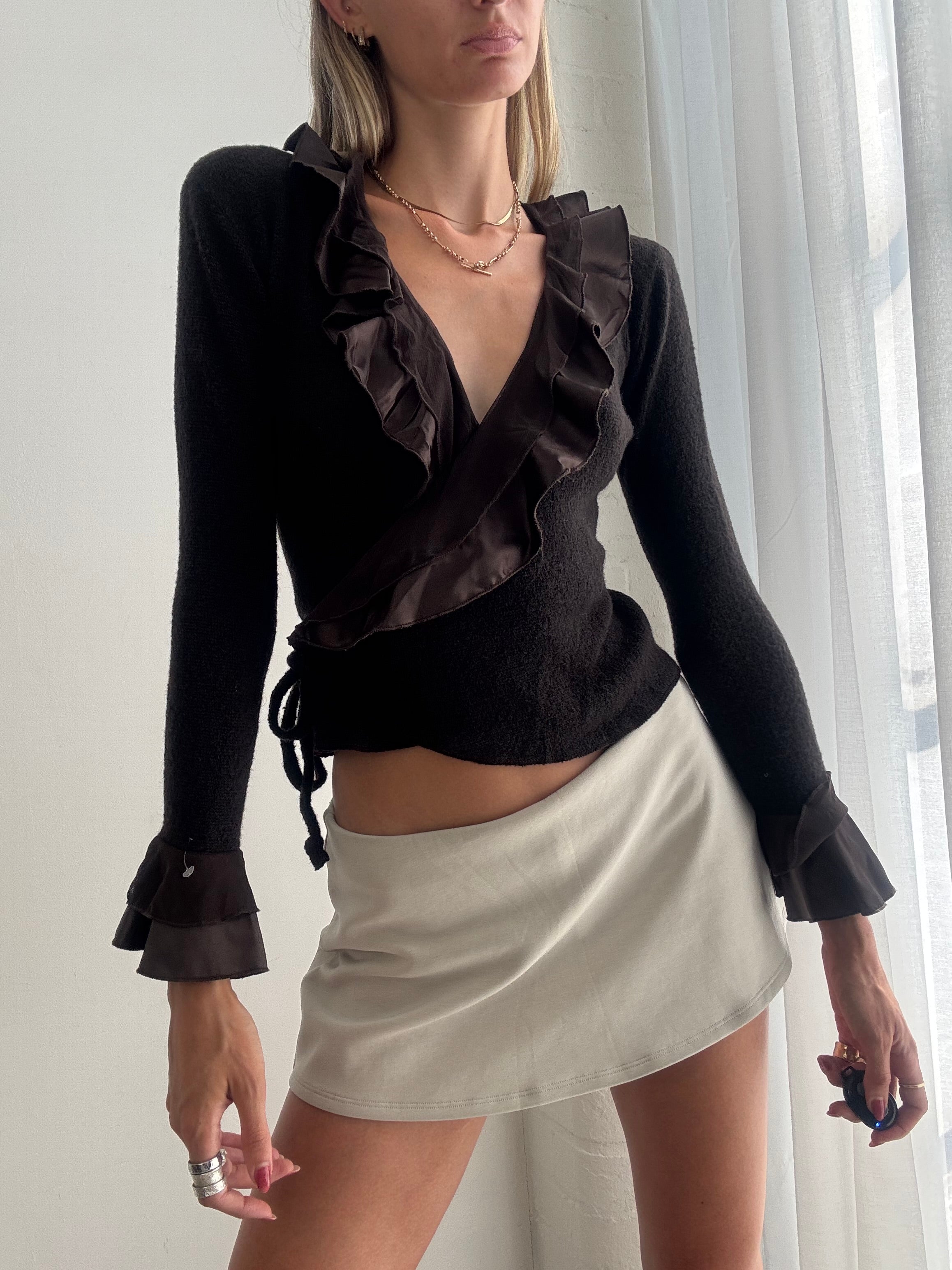 Vintage 90s Brown Ruffle Wrap Top Jumper - Size S/M
