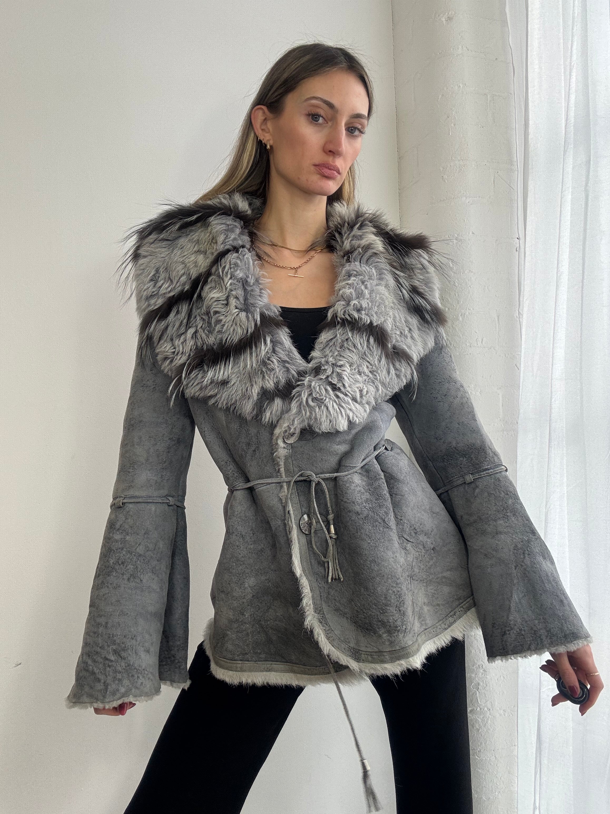 Vintage Y2K dusky blue afghan suede & fur coat