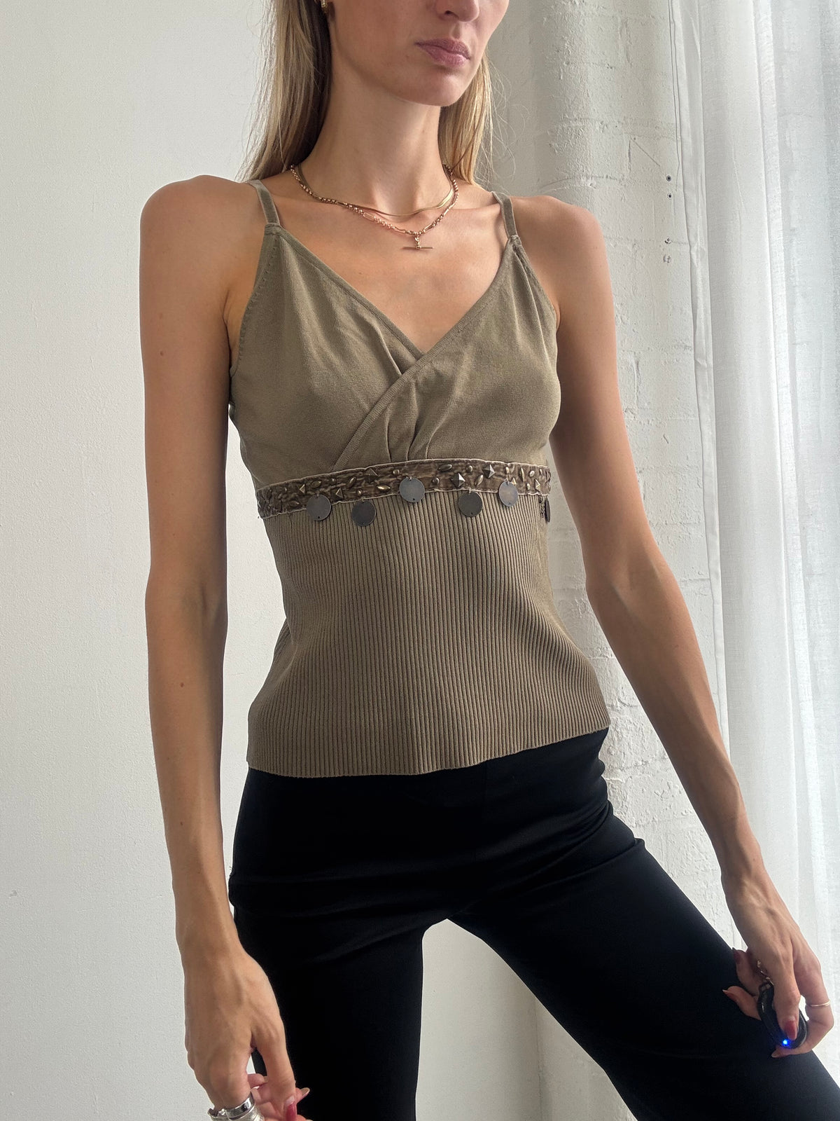 Vintage Y2K Khaki Embellished Coin Trim Cami Top - Size S/M