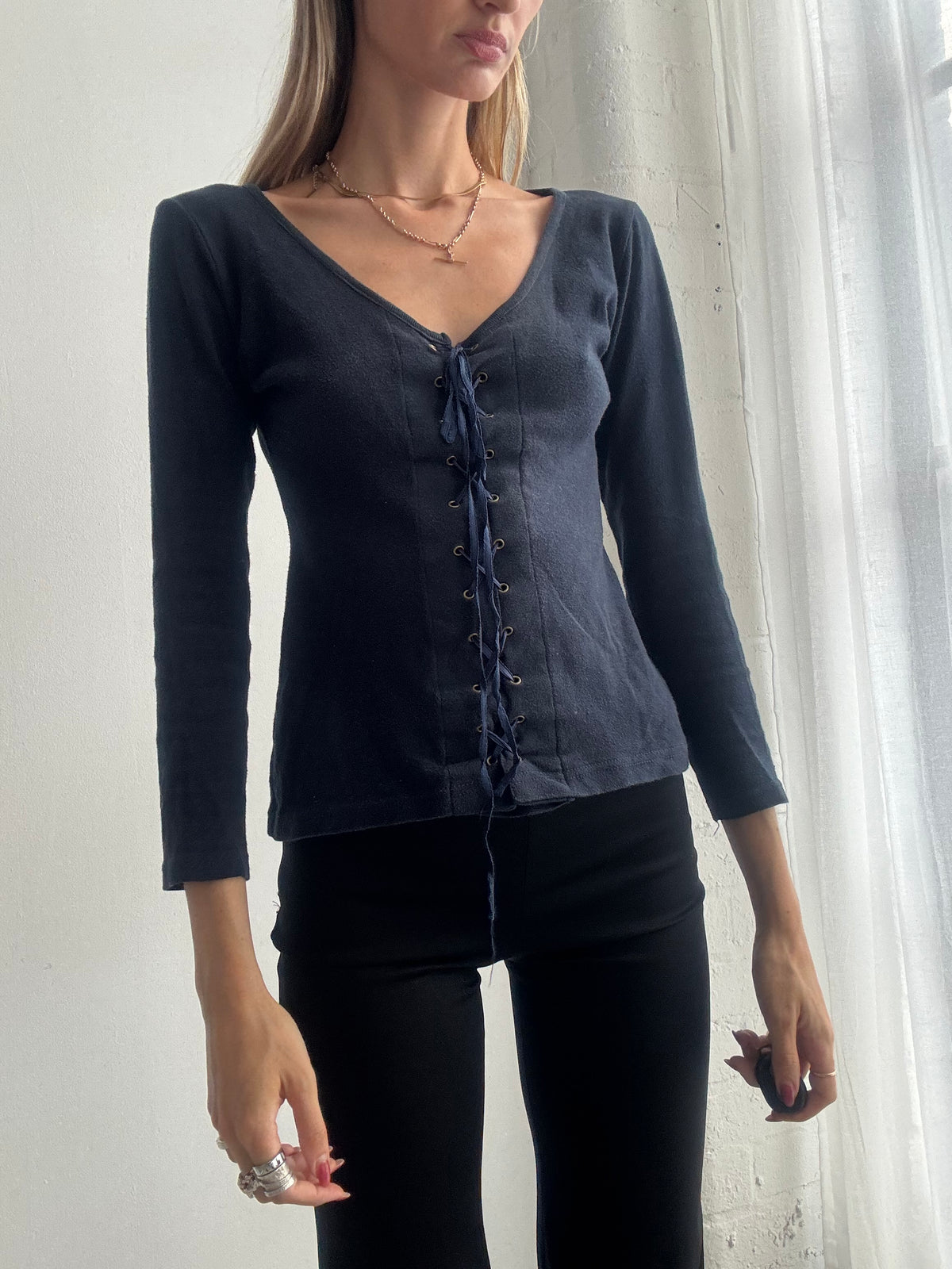 Vintage Y2K Navy Blue Lace Up Corset Style Top - Size M
