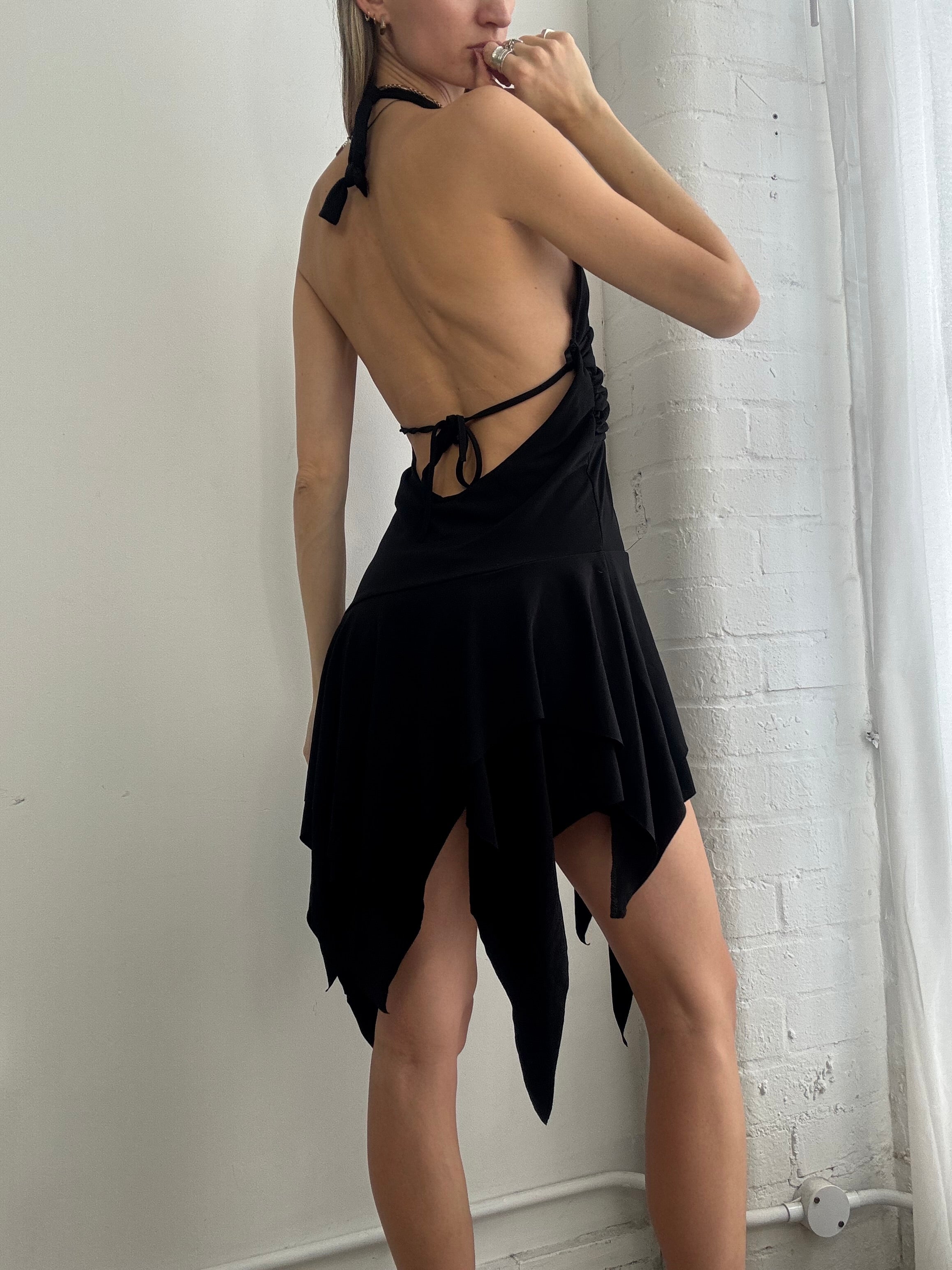 Vintage Y2K black halter asymmetric midi dress