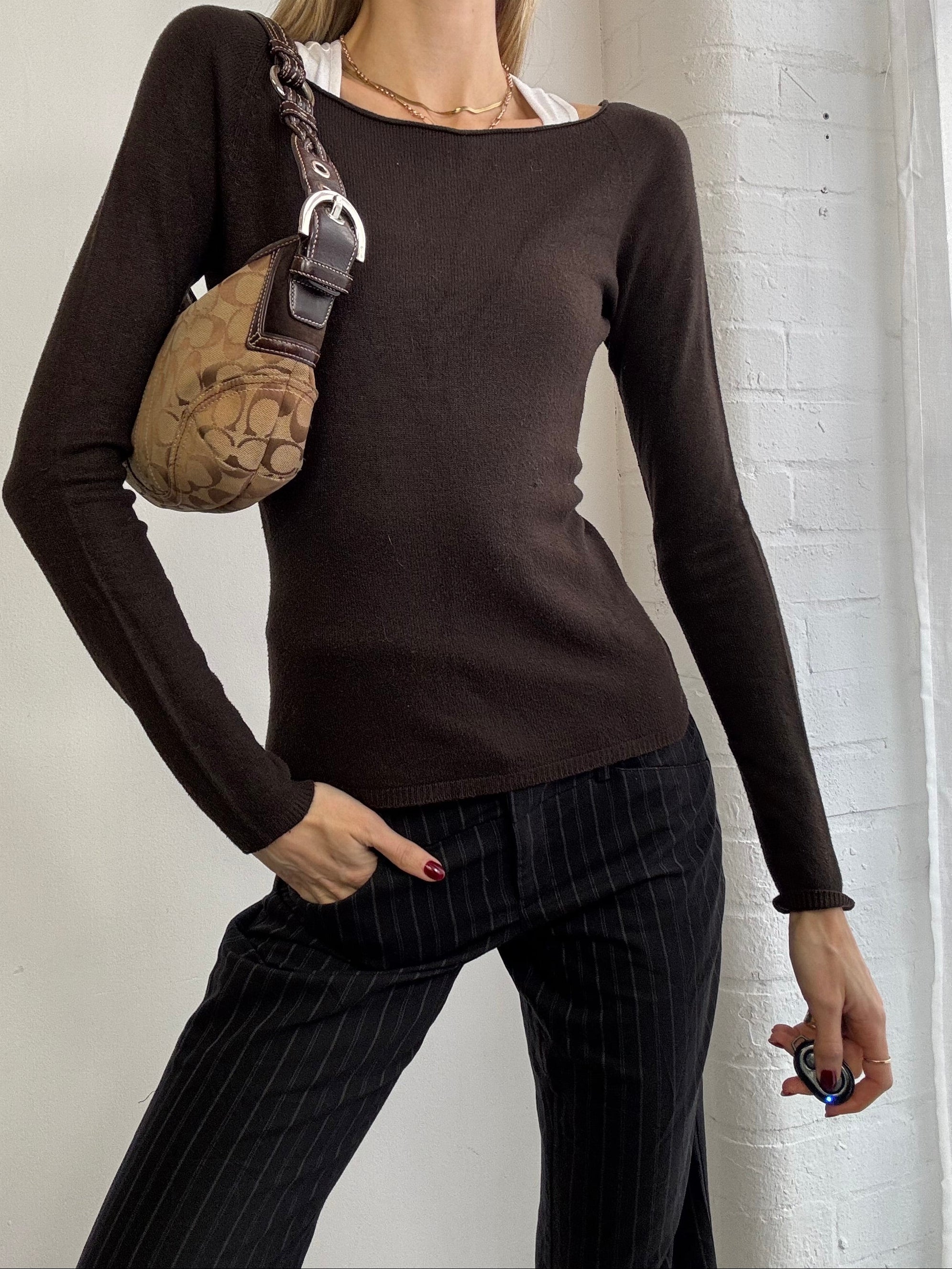 Vintage Y2K cashmere boat neck top brown