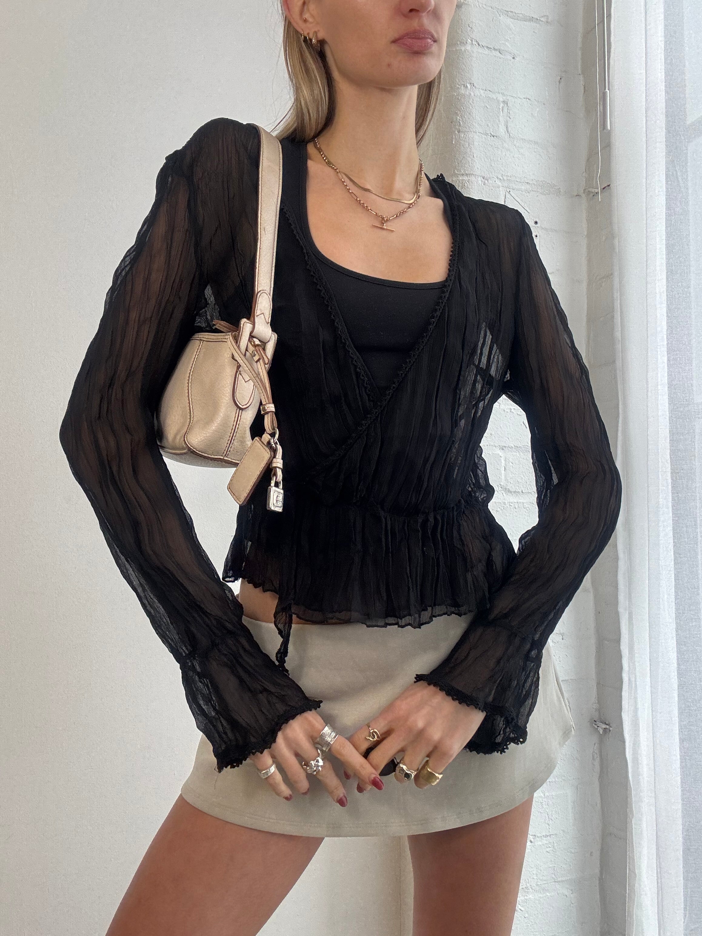 Vintage Y2K black sheer mesh crinkle wrap top