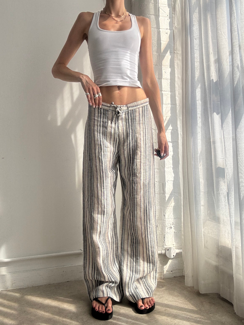 Vintage Y2K Linen Stripe Wide Leg Trousers - Size S/M