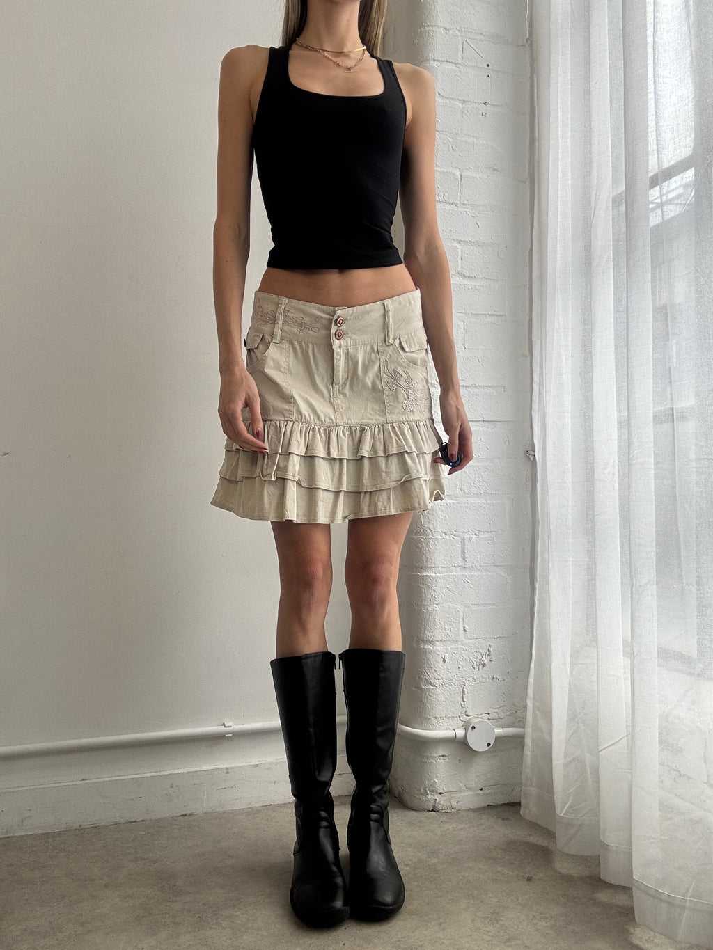 Vintage Y2K cream ruffle midi skirt