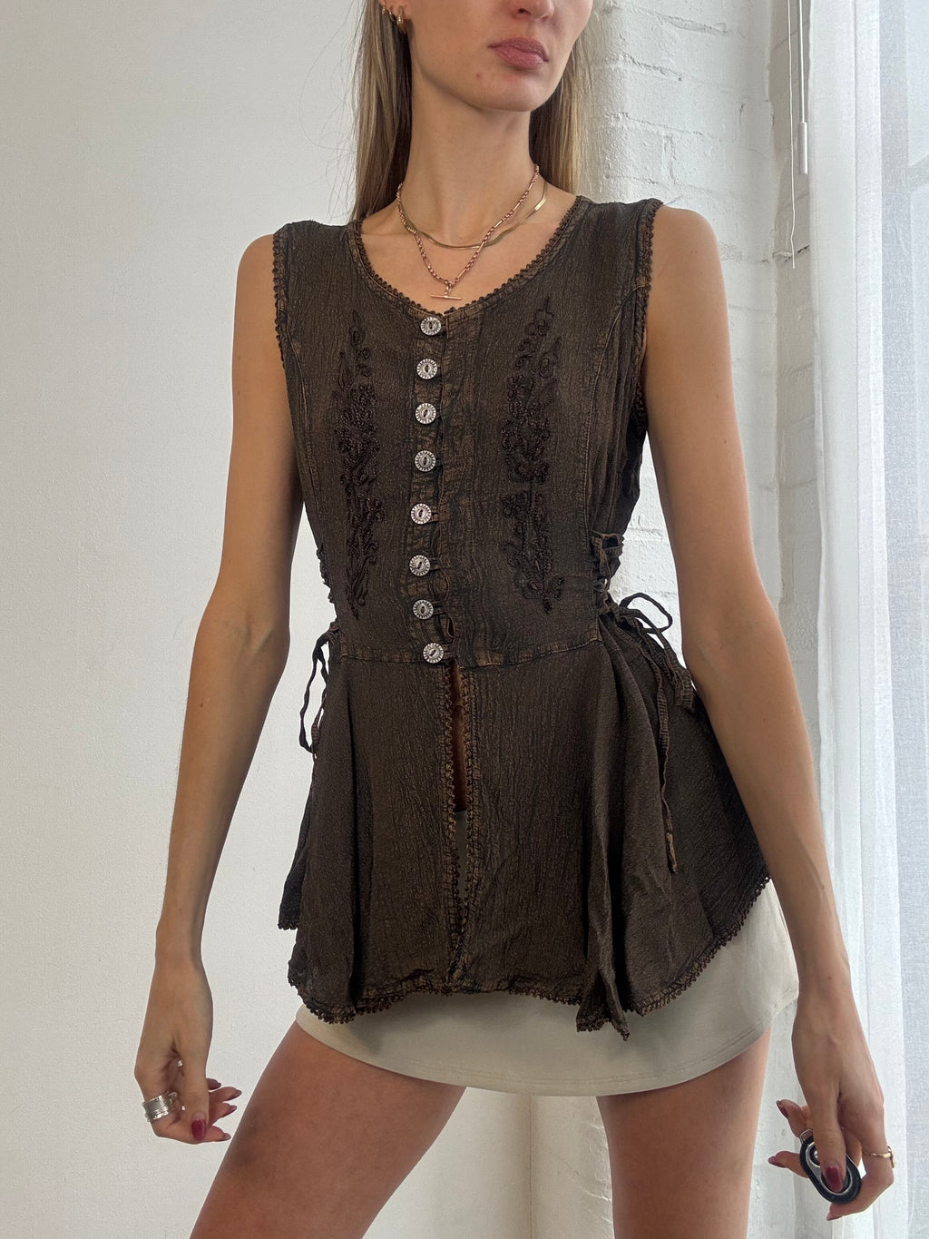 Vintage Y2K brown boho lace up embroidered top blouse boho