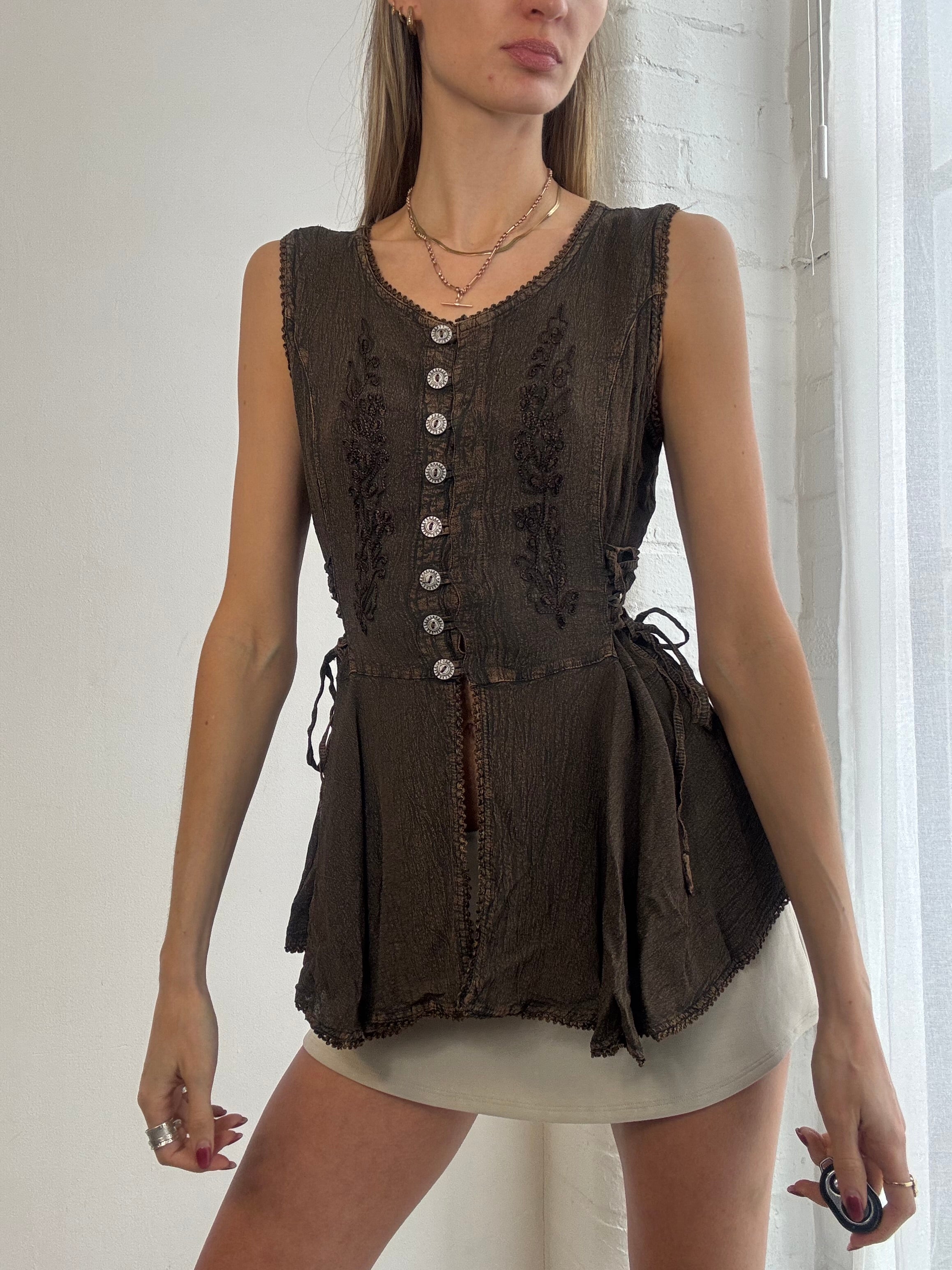 Vintage Y2K brown boho lace up embroidered top blouse boho