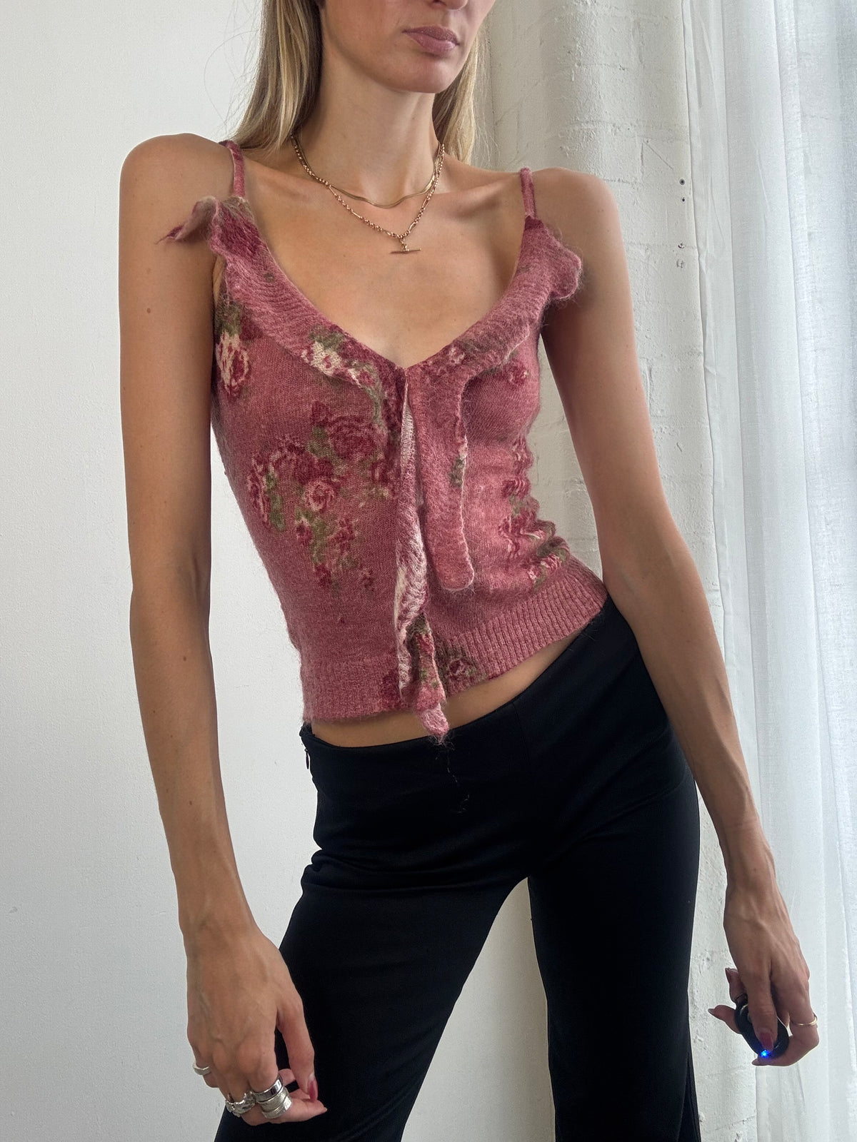 Vintage Y2K Dusty Pink Floral Knit Cami Top - Size XS-S