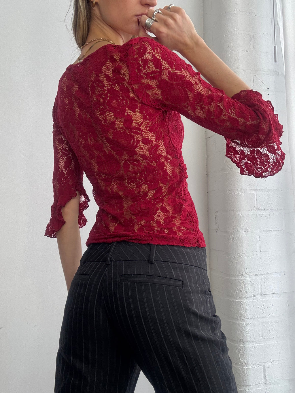 Vintage Y2K red lace ruffle top