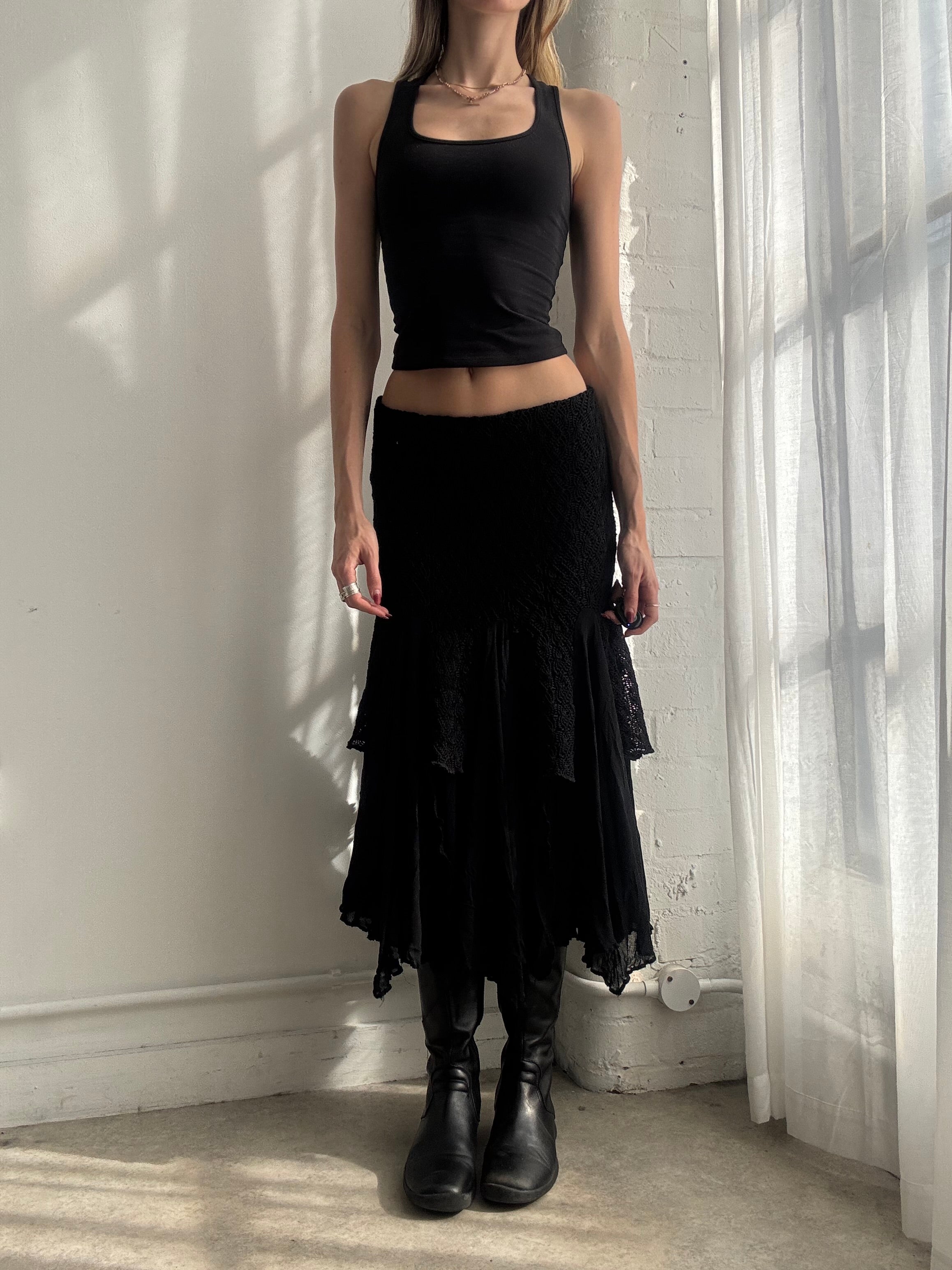 Vintage Y2K black crochet tiered ruffle midi skirt