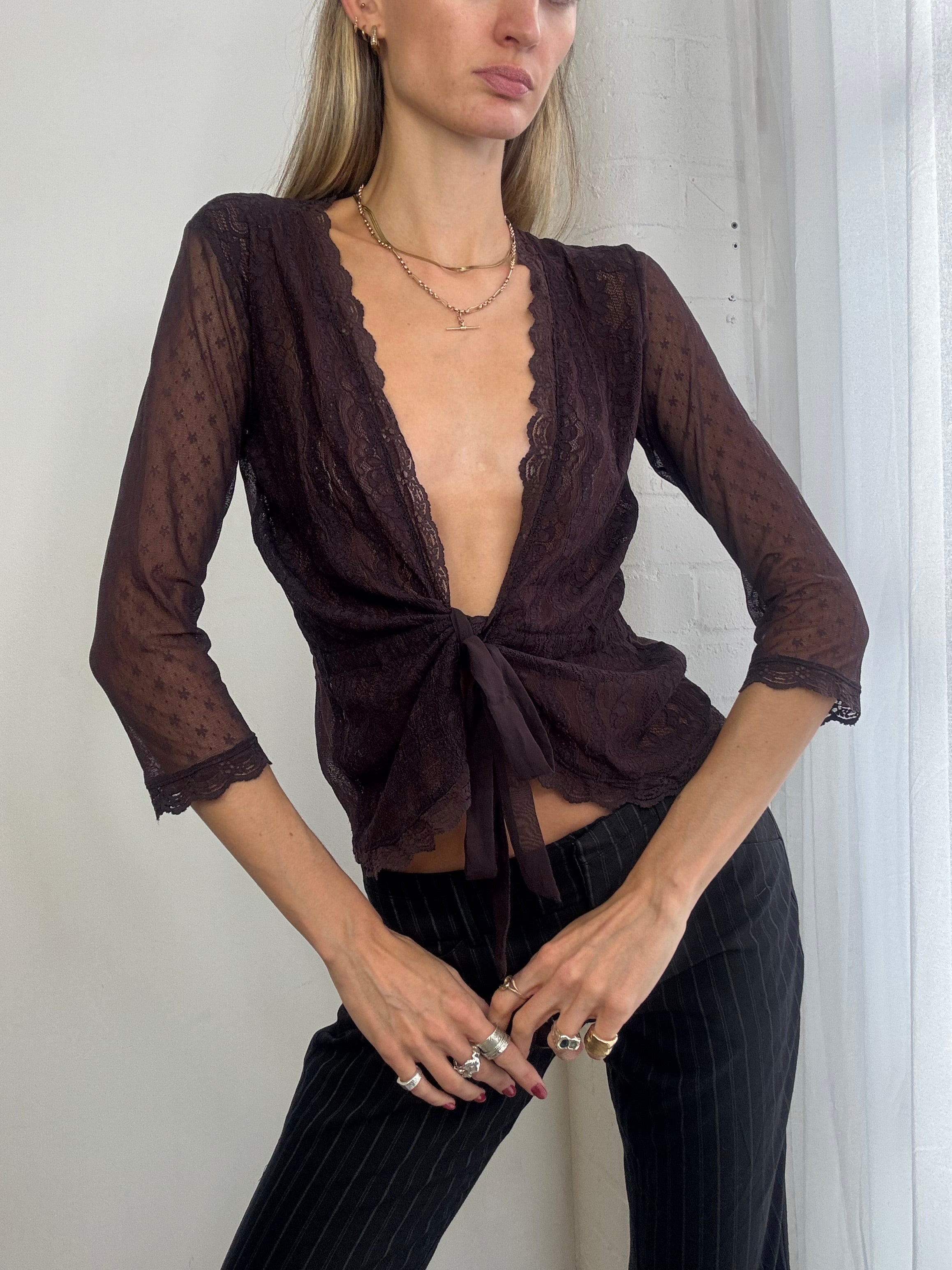 Vintage Y2K sheer brown mesh & lace tie front blouse