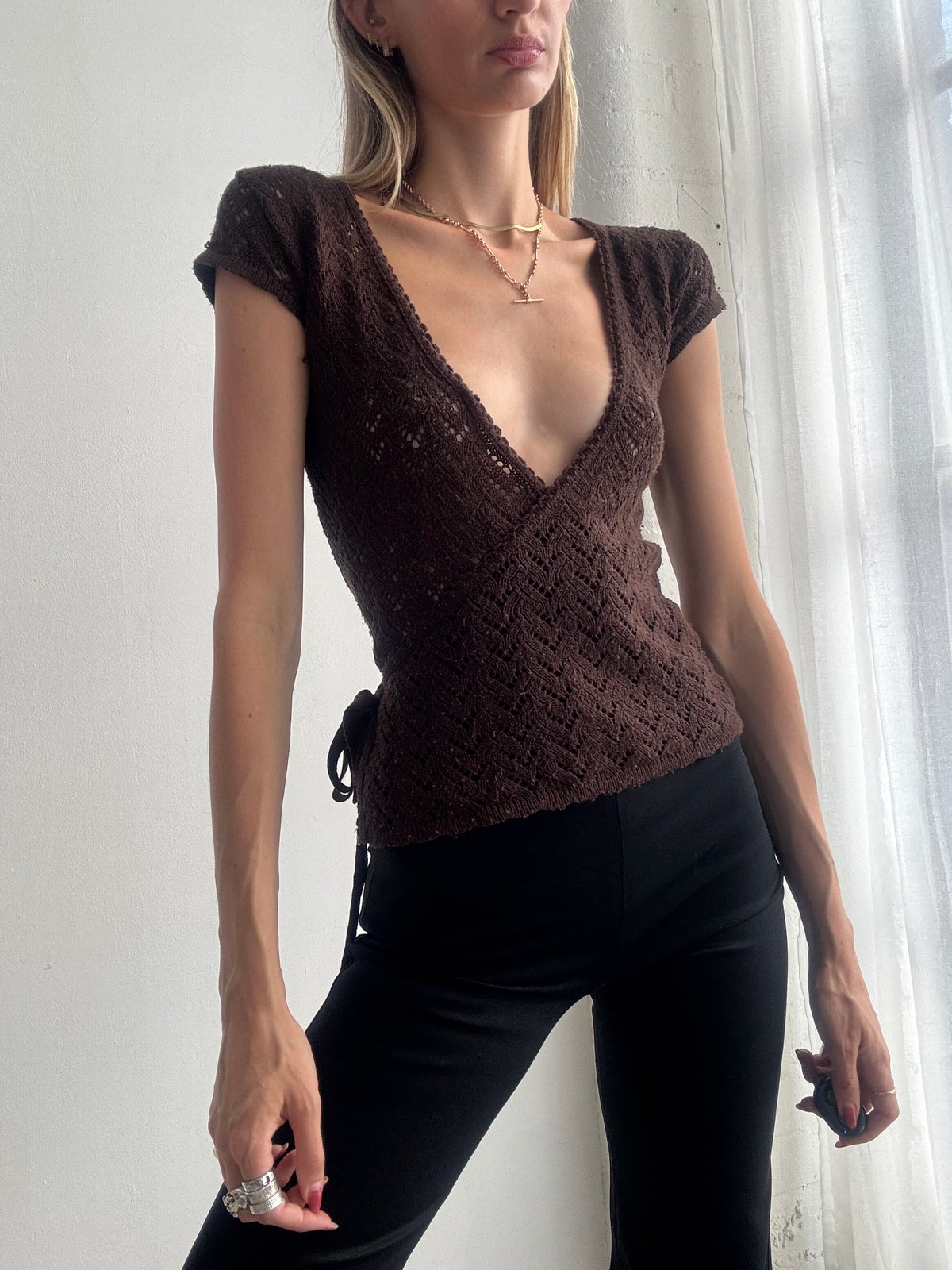 Vintage Y2K Chocolate Brown Deep V Neck Crochet Knit Wrap Top - Size XS/S