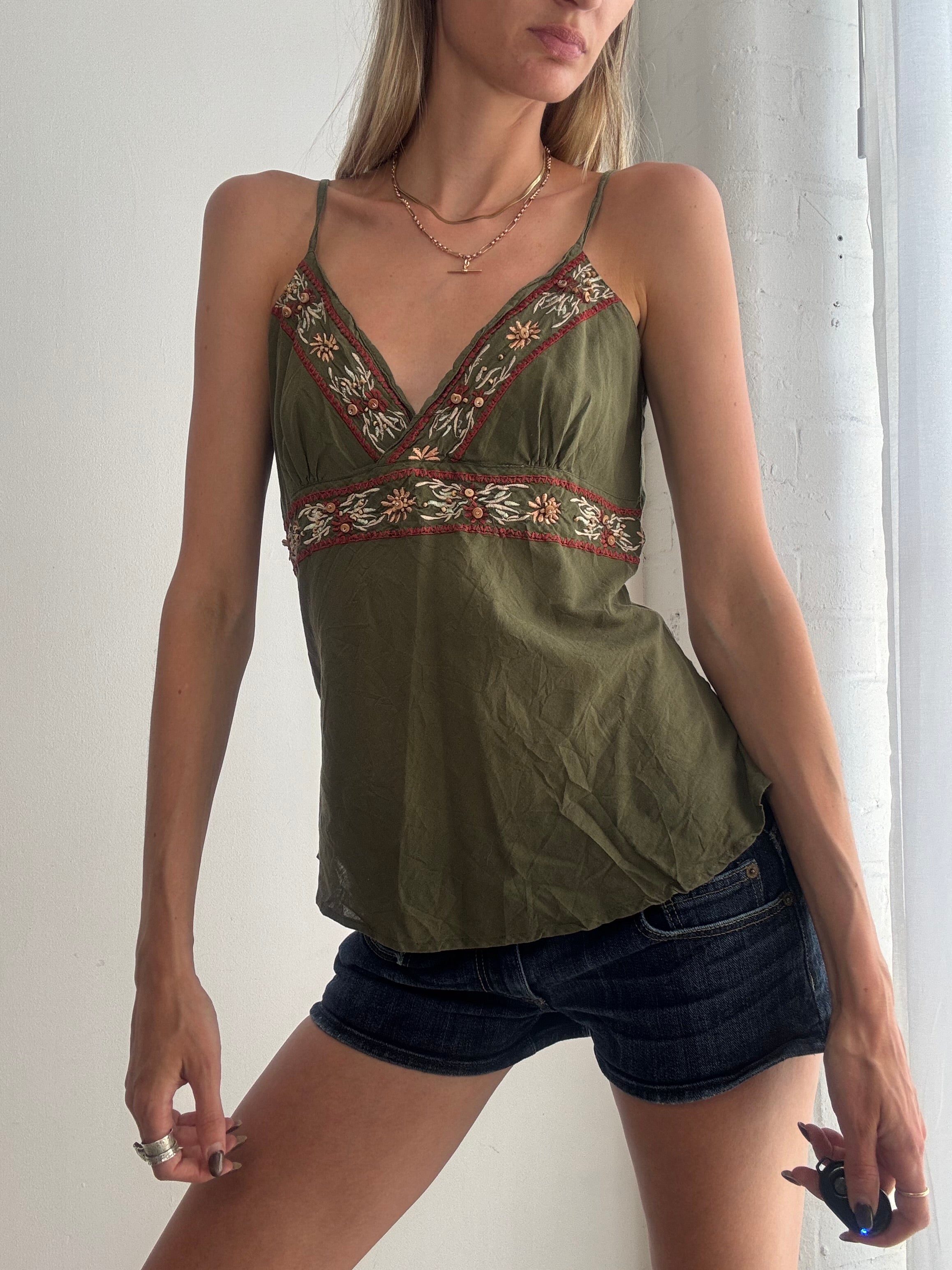 Vintage Y2K khaki embroidered cami top - Size M