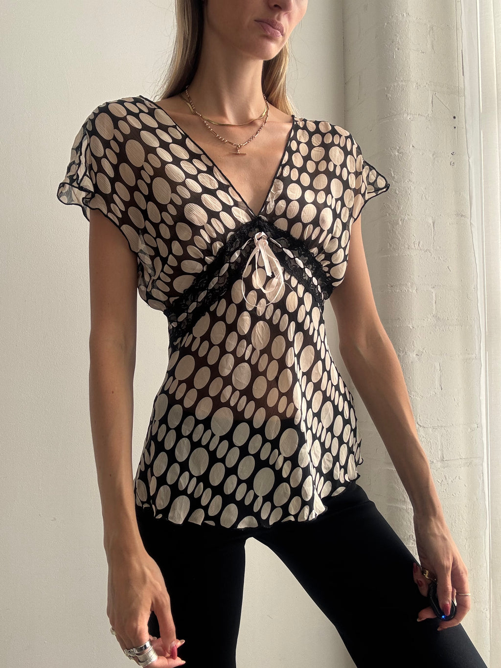 Vintage Y2K Black & Cream Polka Dot Mesh Top - Size S