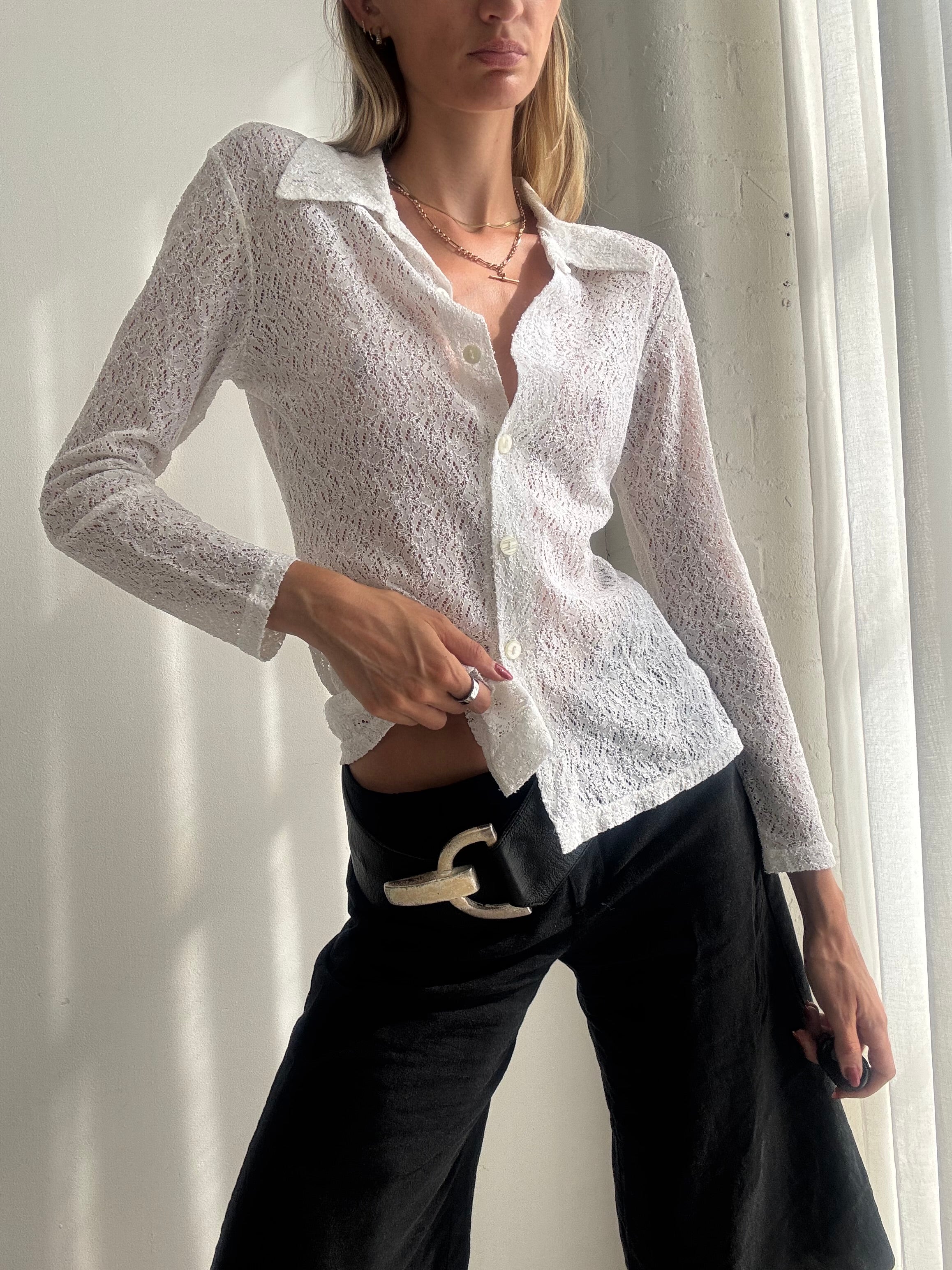 Vintage Y2K White Sheer Lace Button-Up Blouse - Size S