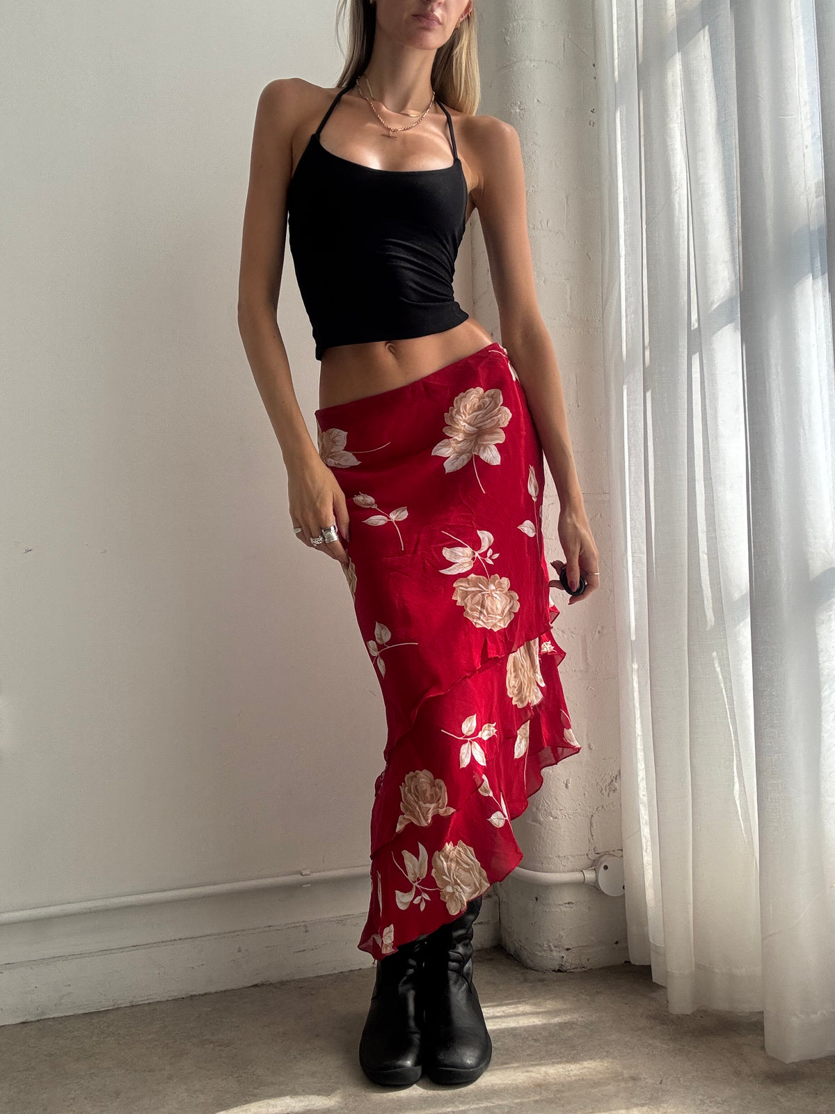 Vintage Y2K Red Floral Asymmetric Midi Skirt - Size XS/S