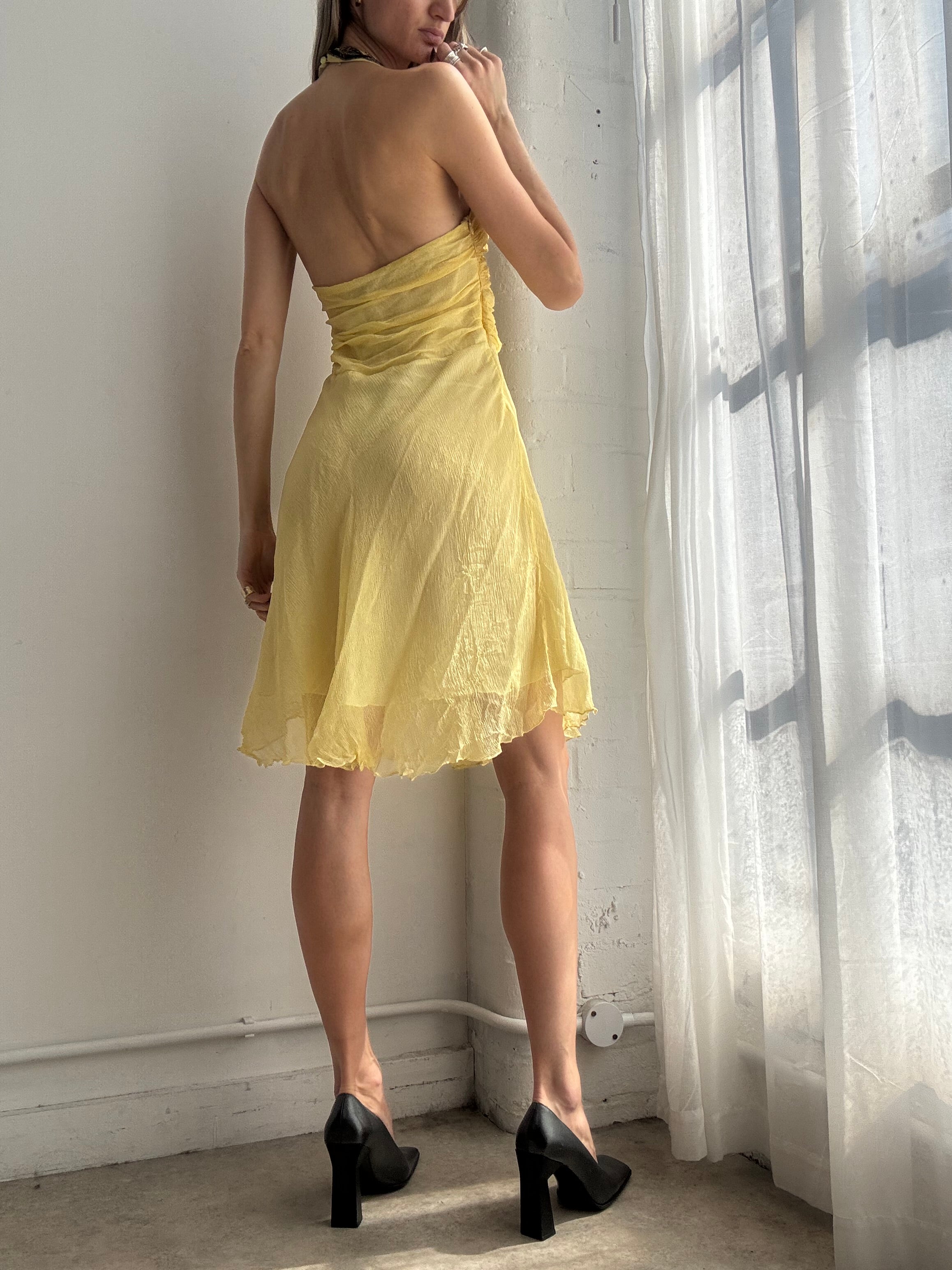 Vintage Y2K lemon yellow silk embellished midi dress - Size M