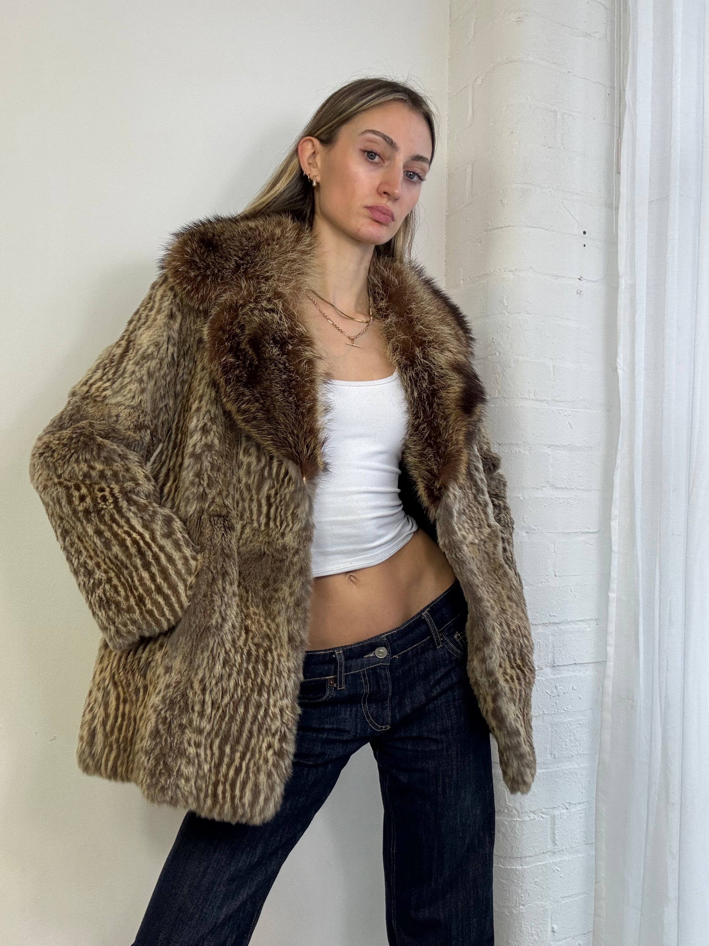 Vintage 90s leopard print fur coat brown