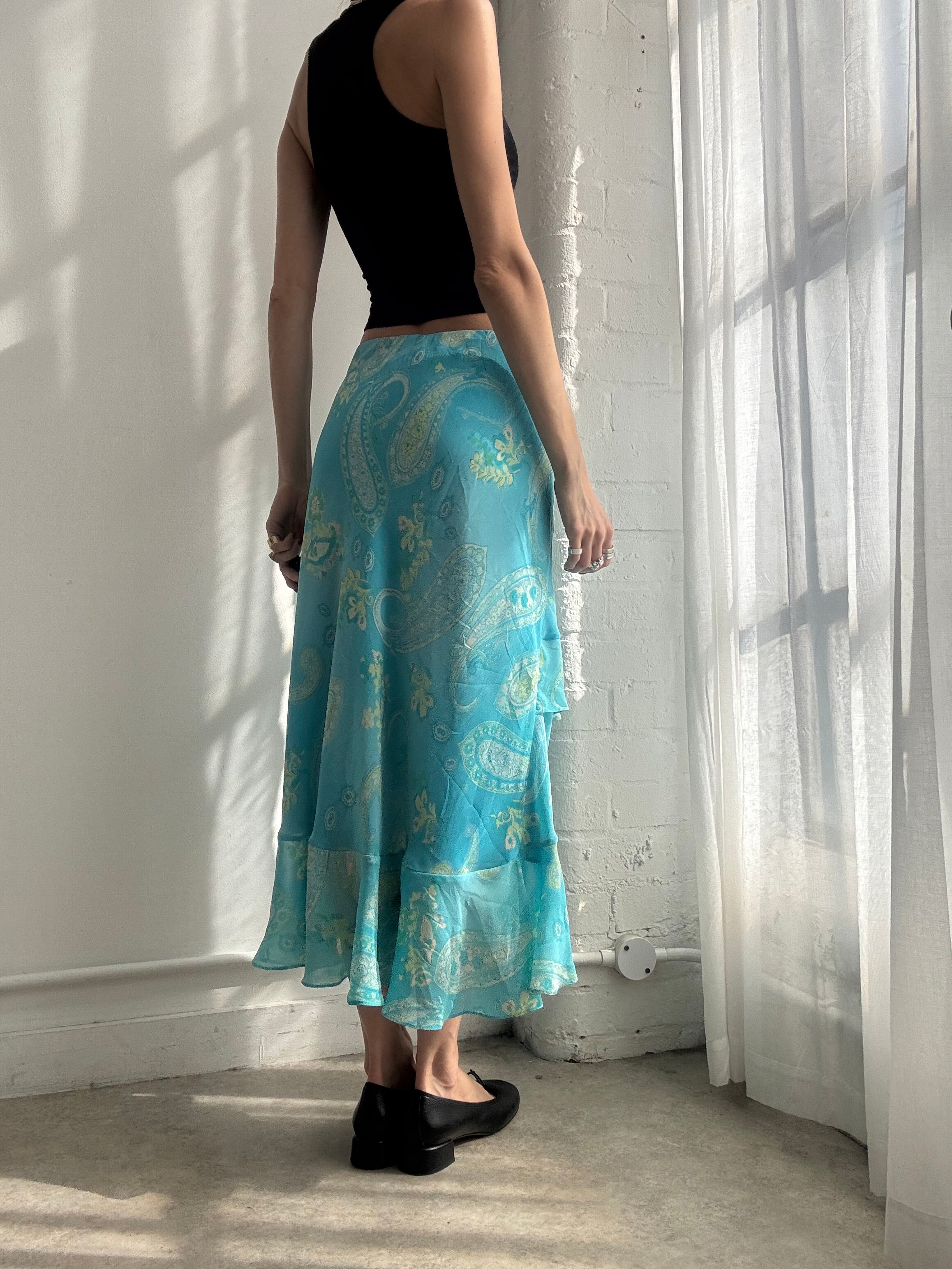 Vintage Y2K turquoise floral ruffle mesh midi skirt asymmetric
