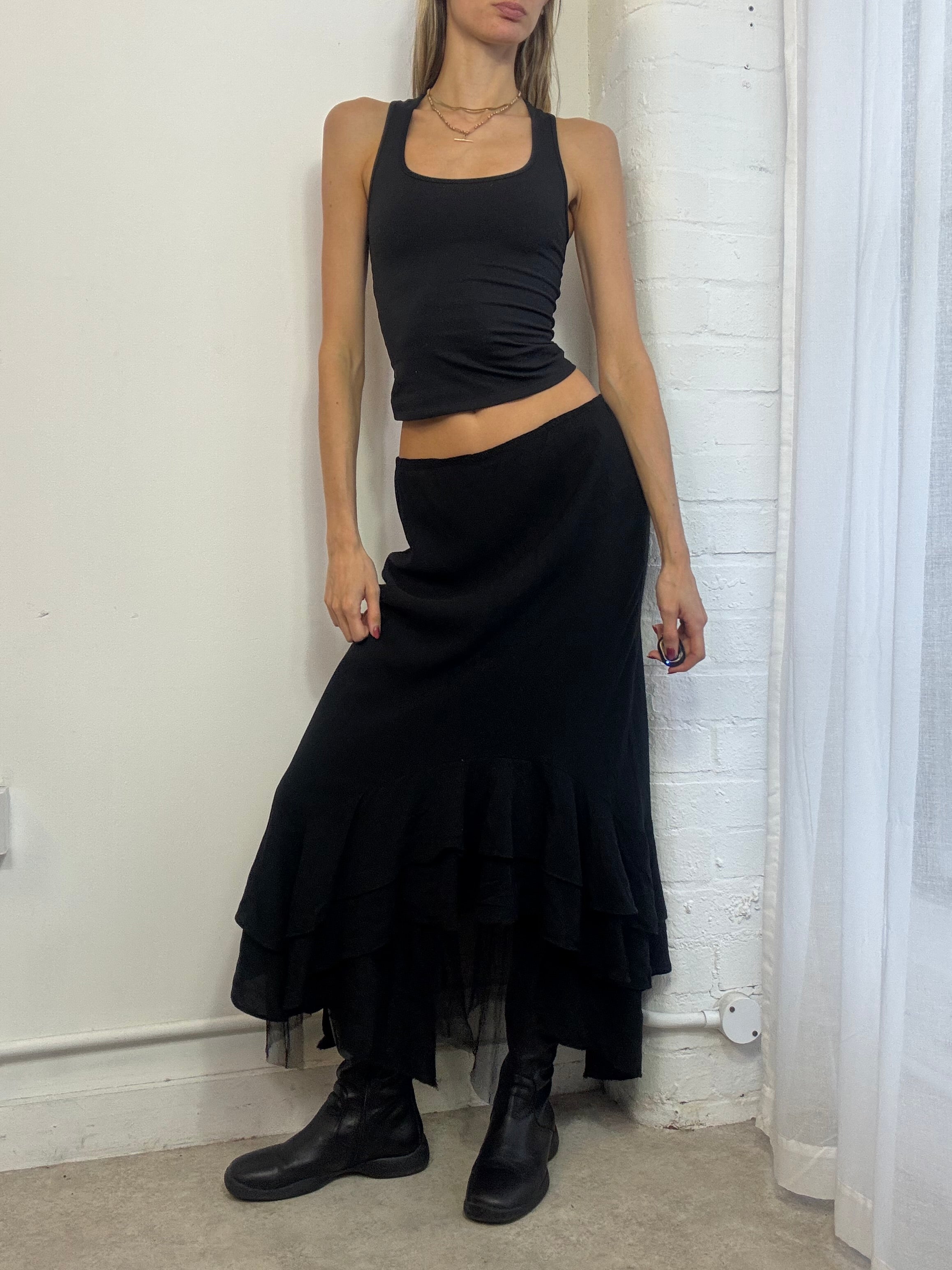 Vintage Y2K black ruffle maxi skirt