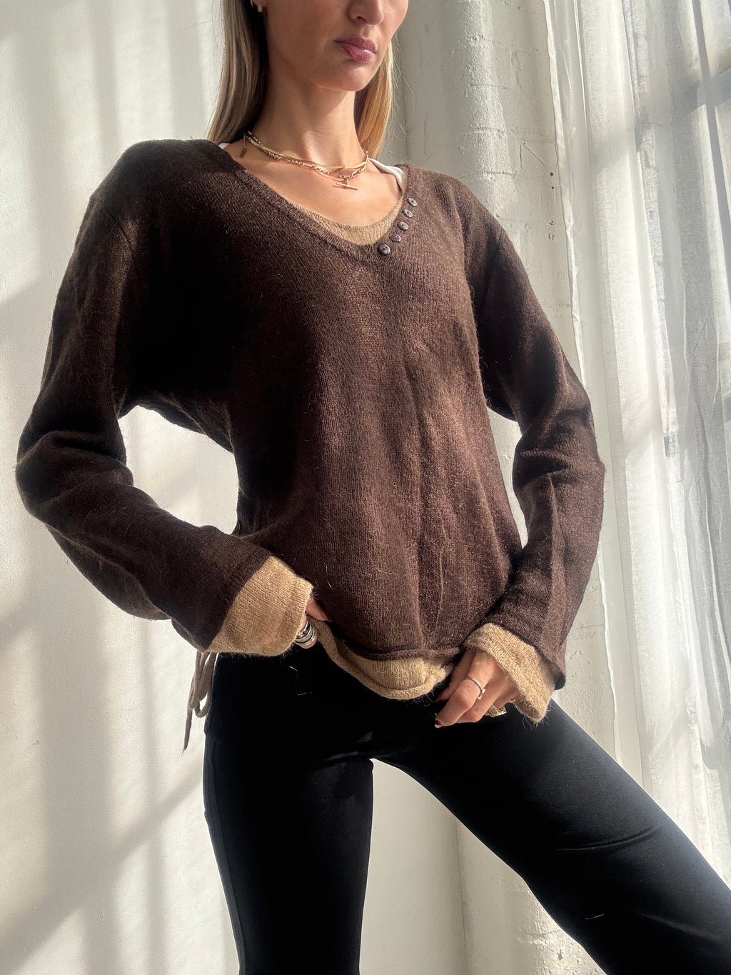 Vintage Y2K Chocolate Brown Layered V Neck Knit Jumper - Size L