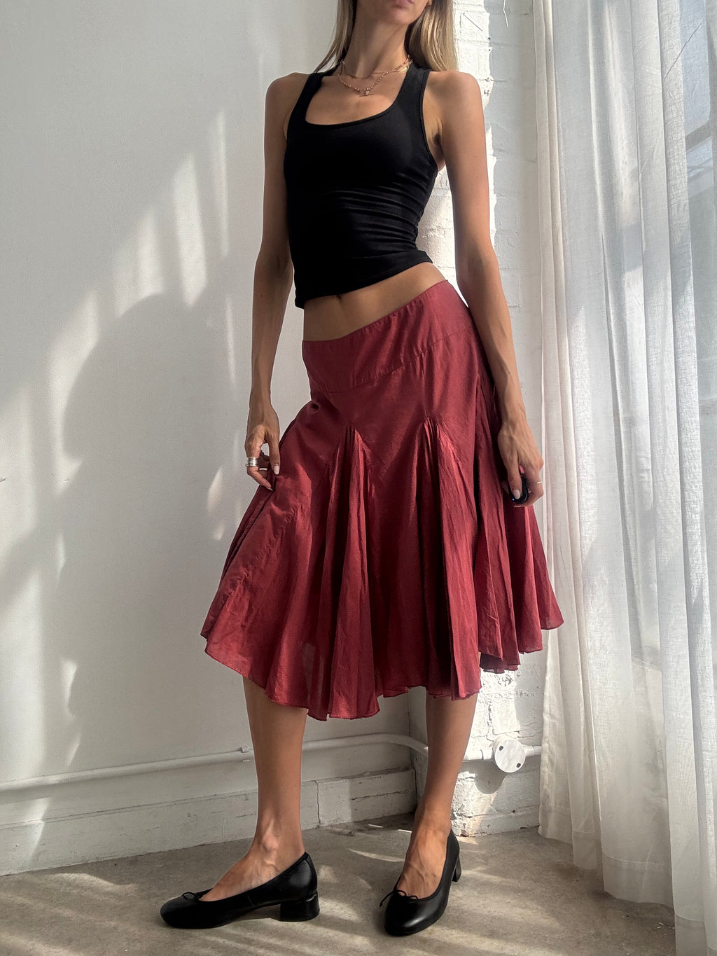 Vintage Y2K Burgundy Cotton Midi Skirt - Size M