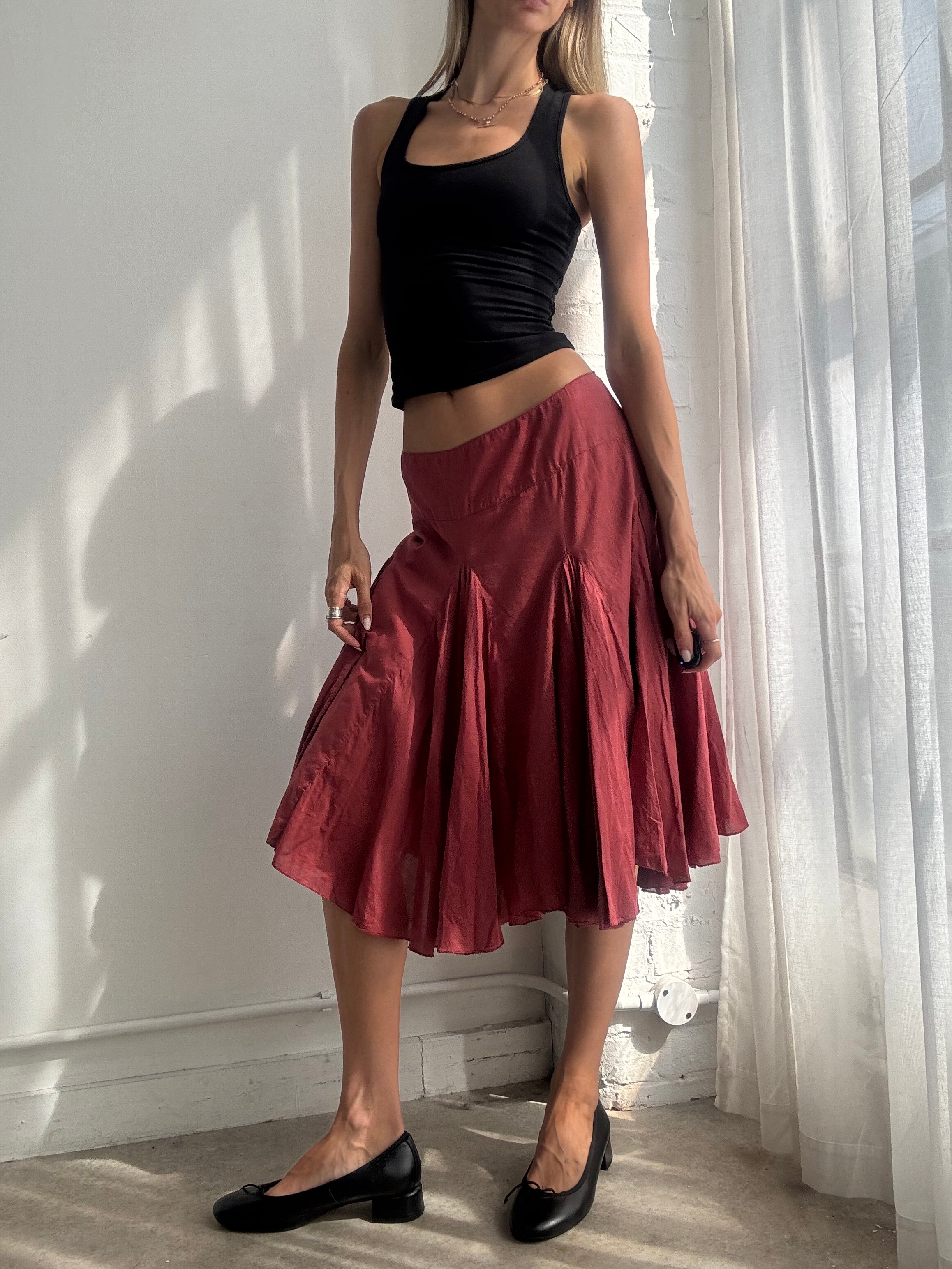 Vintage Y2K Burgundy Cotton Midi Skirt - Size M