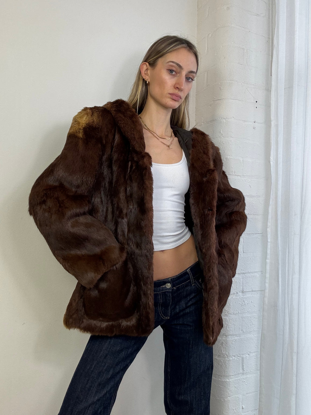 Vintage 90s brown fur hooded coat
