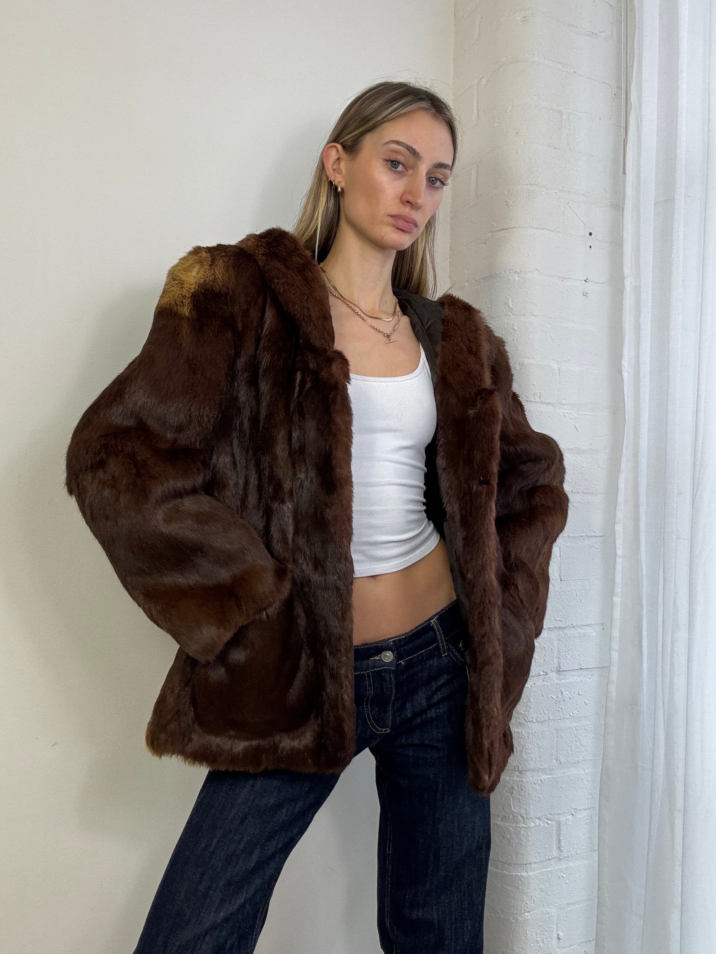 Vintage 90s brown fur hooded coat