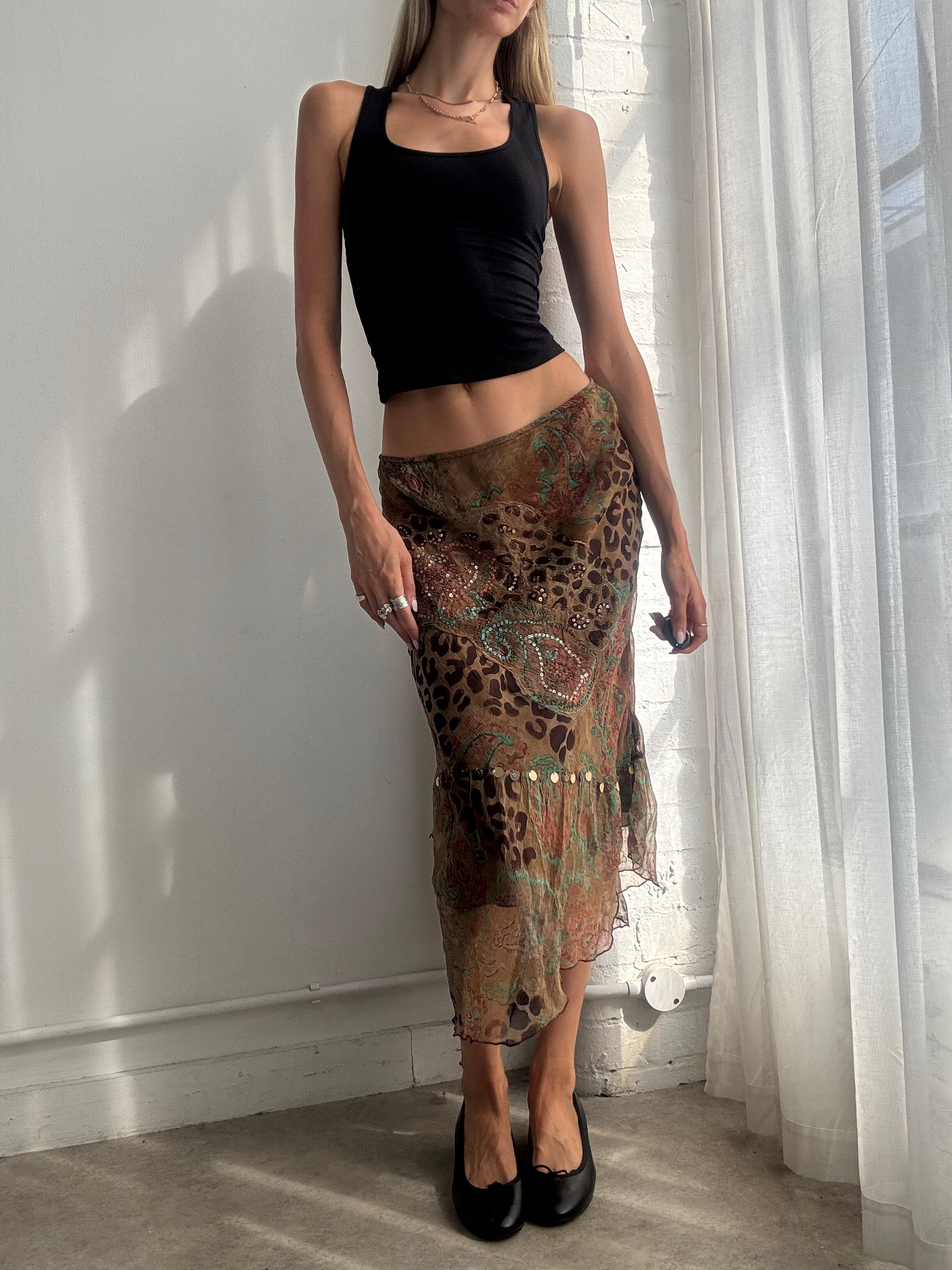 Vintage Y2K Brown Abstract Paisley Animal Print Mesh Asymmetric Midi Skirt - Size M/L