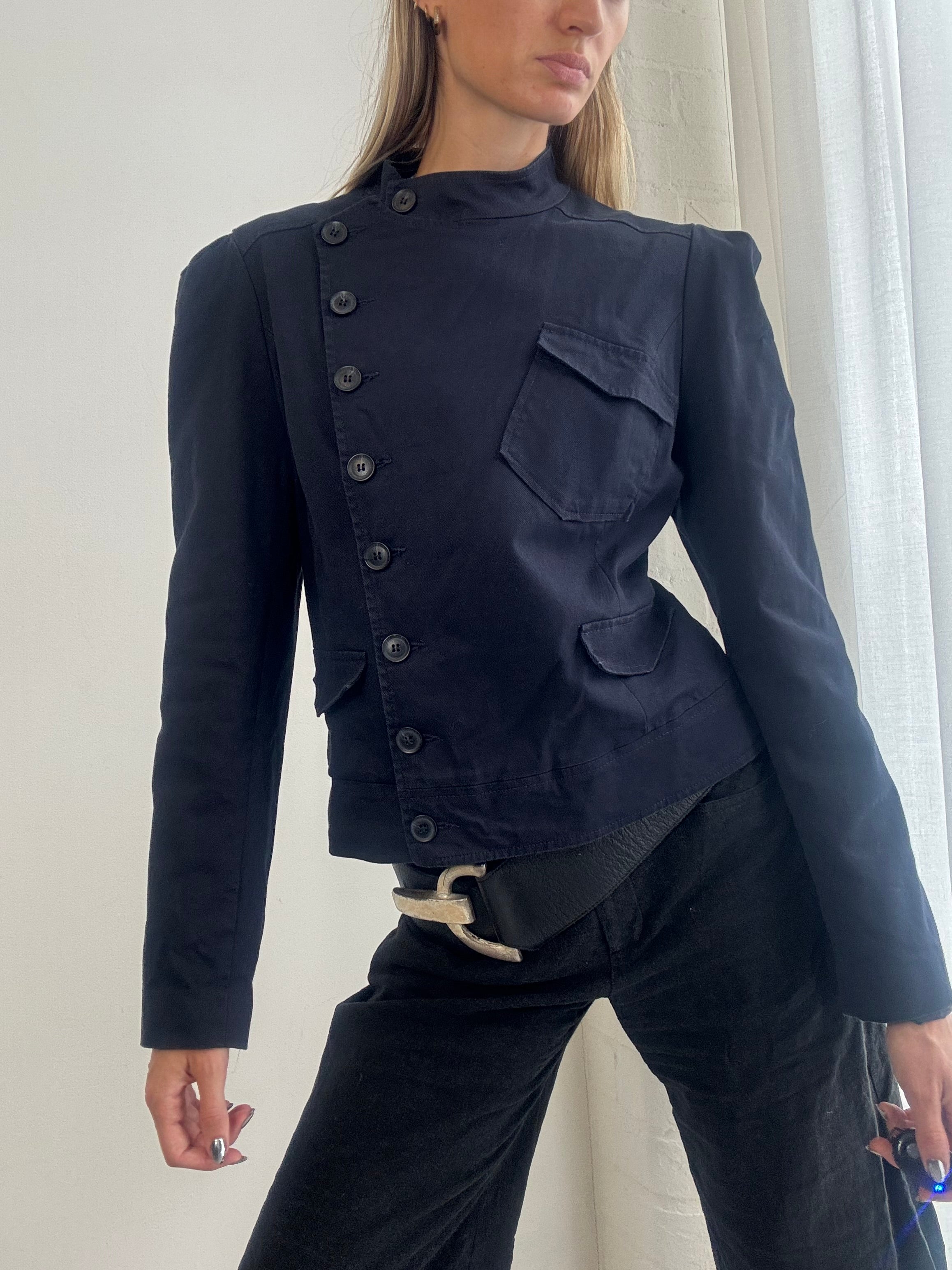 Vintage Y2K Military Style Asymmetric Fitted Jacket – Navy Structured Button-Up Blazer - Size L