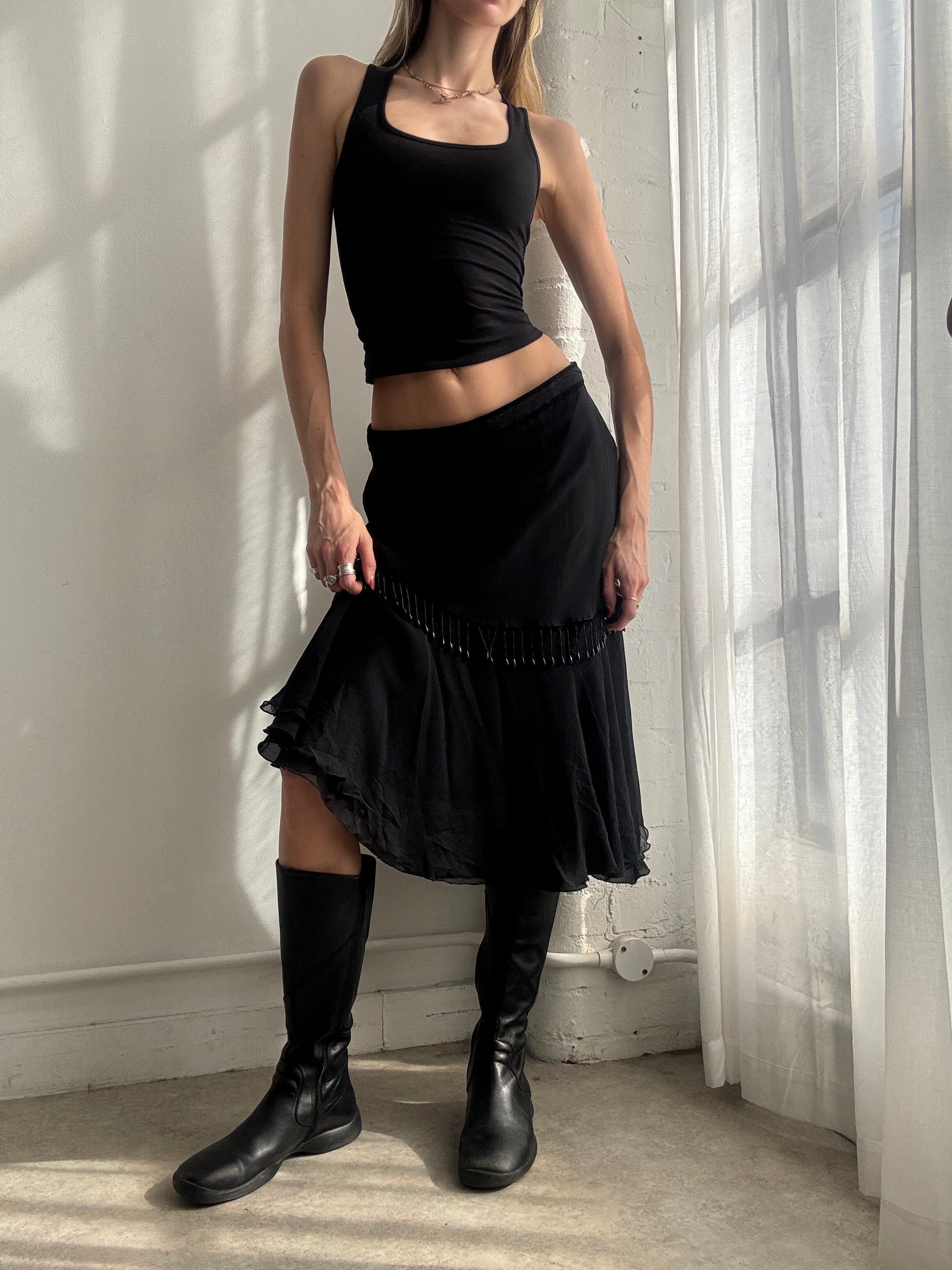 Vintage Y2K black asymmetrical beaded mesh midi skirt