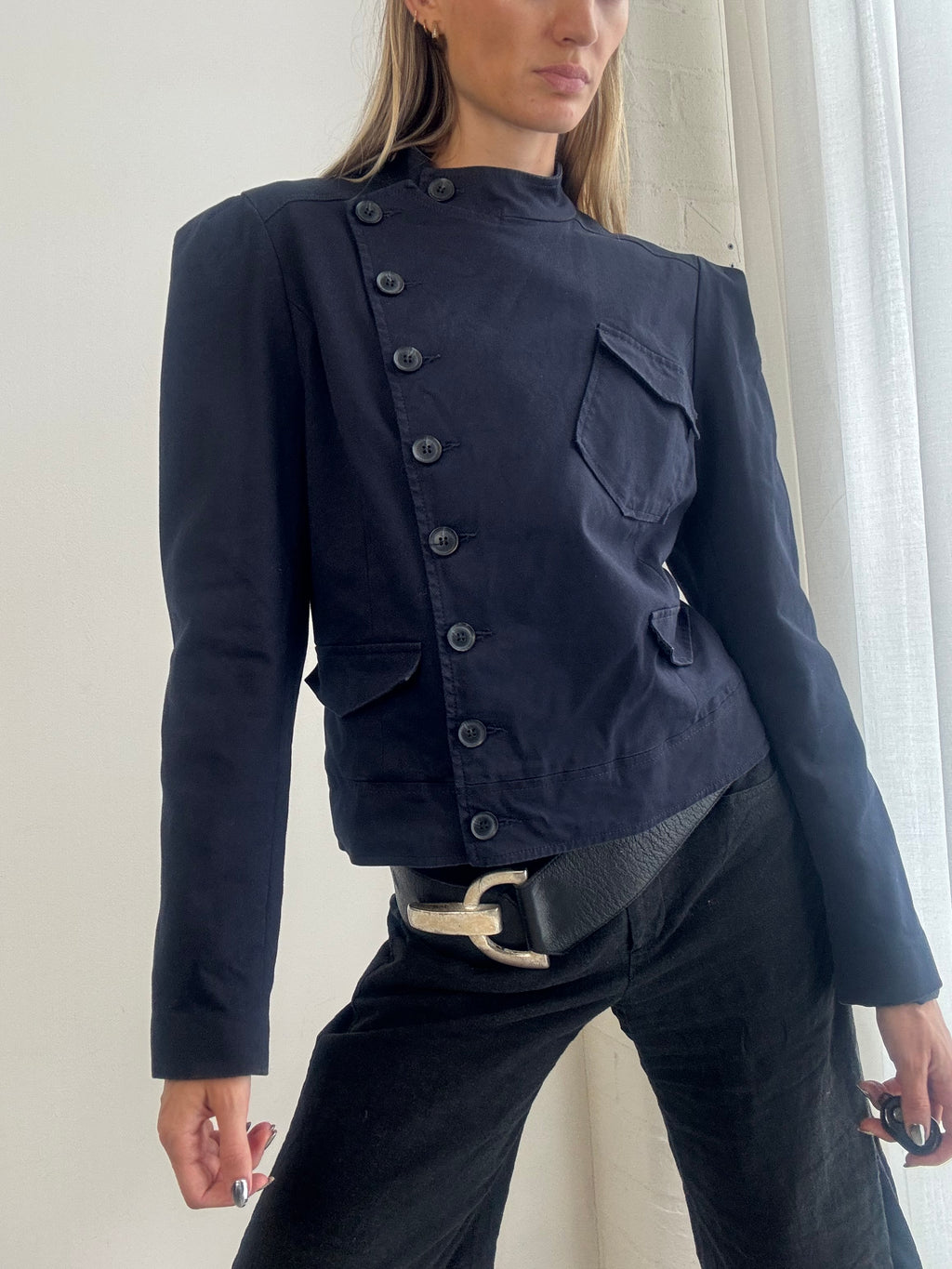 Vintage Y2K Military Style Asymmetric Fitted Jacket – Navy Structured Button-Up Blazer - Size L