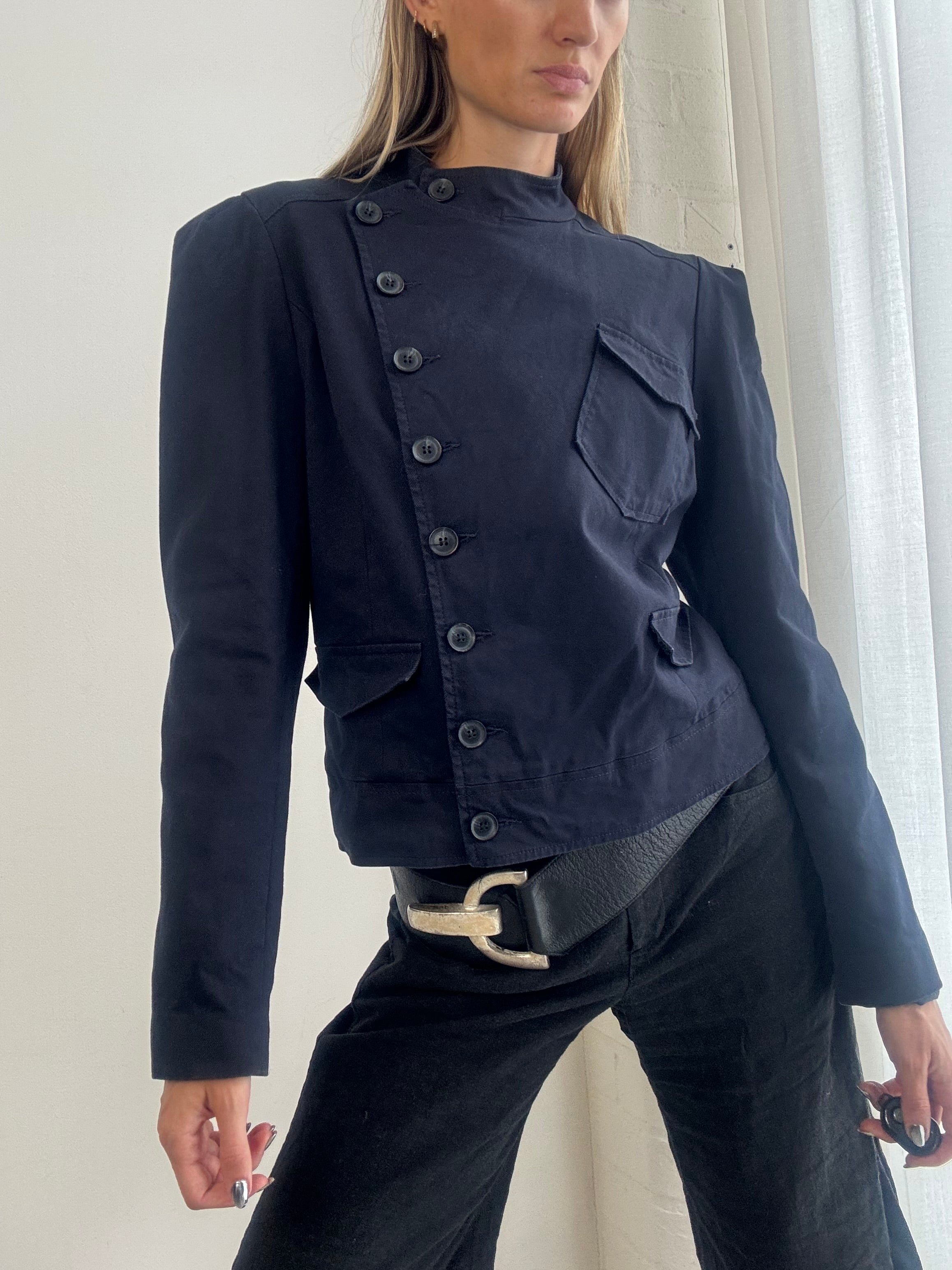 Vintage Y2K Military Style Asymmetric Fitted Jacket – Navy Structured Button-Up Blazer - Size L