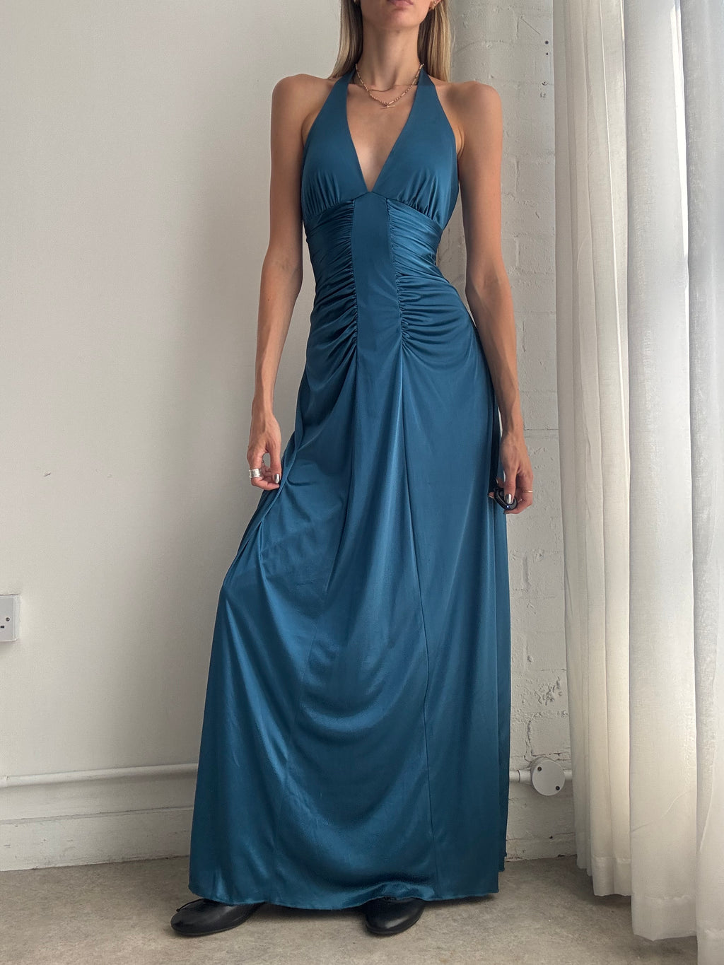 Vintage Y2K Teal Grecian Maxi Dress – Ruched Halterneck Evening Gown - Size S