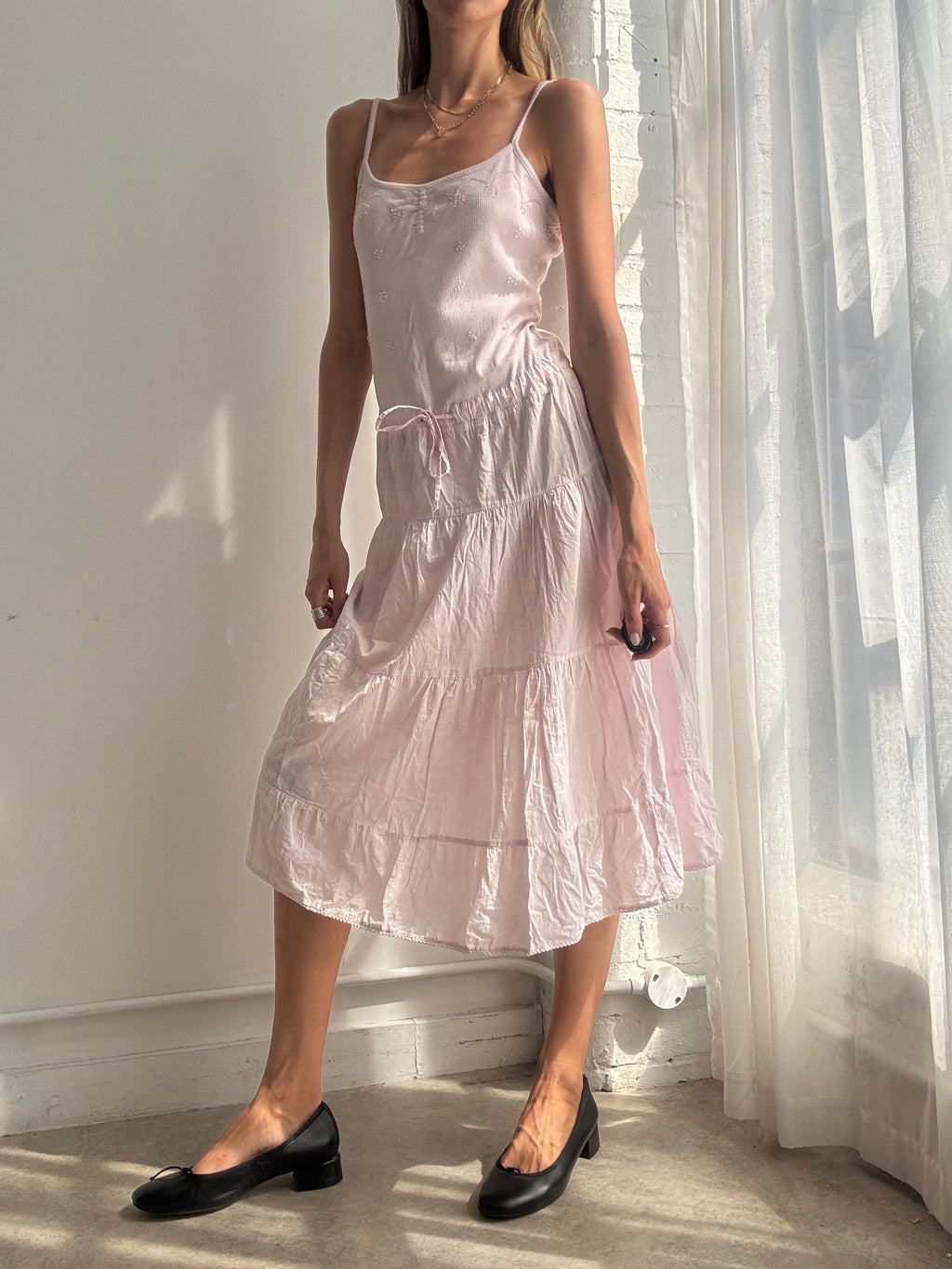 Vintage Y2K Baby Pink Beaded Cotton Midi Dress - Size M