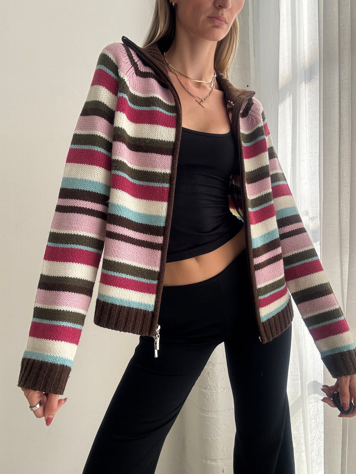 Vintage Y2K Pink & Brown Striped Zip Up Knit Cardigan - Size M