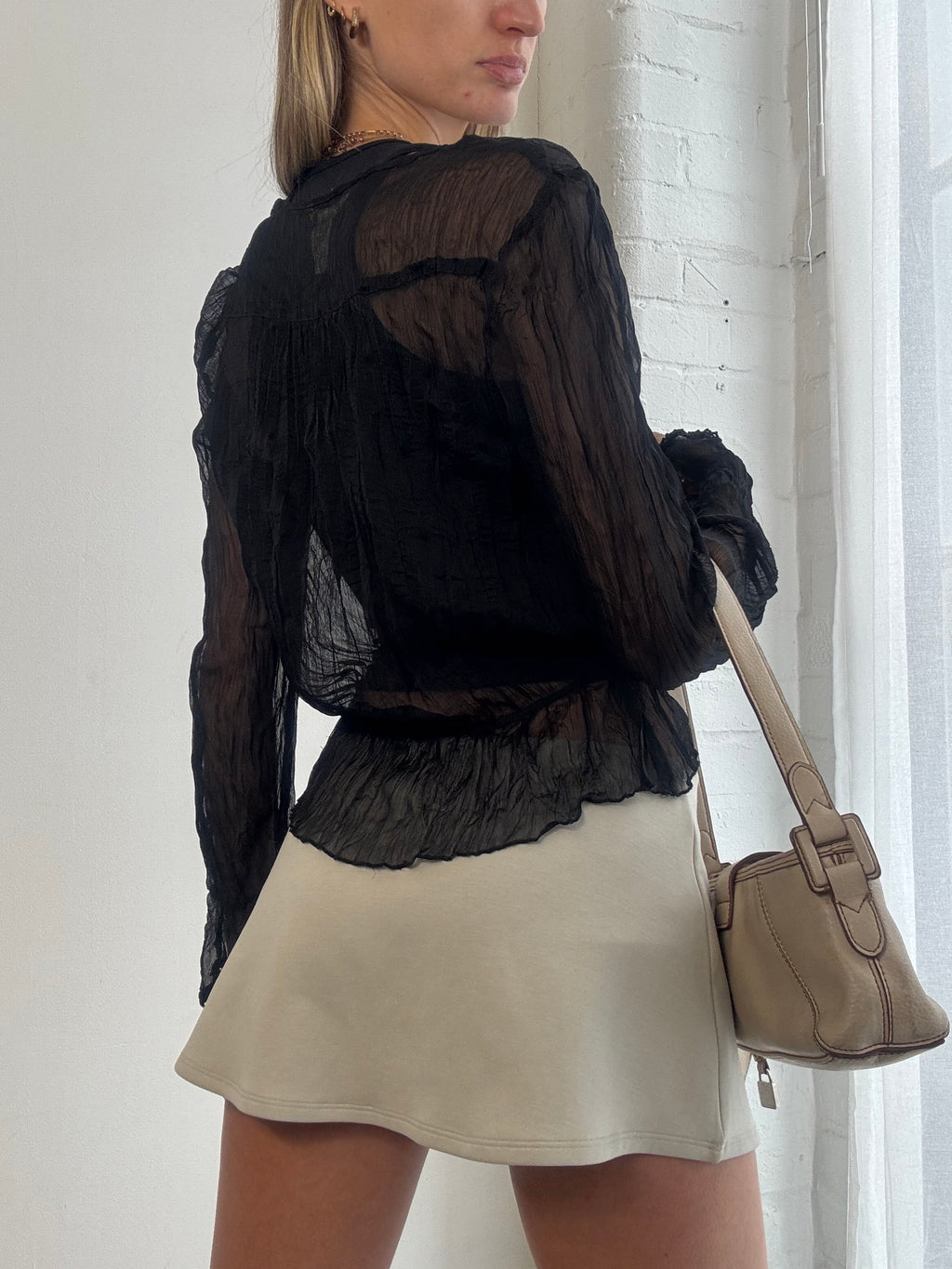 Vintage Y2K black sheer mesh crinkle wrap top
