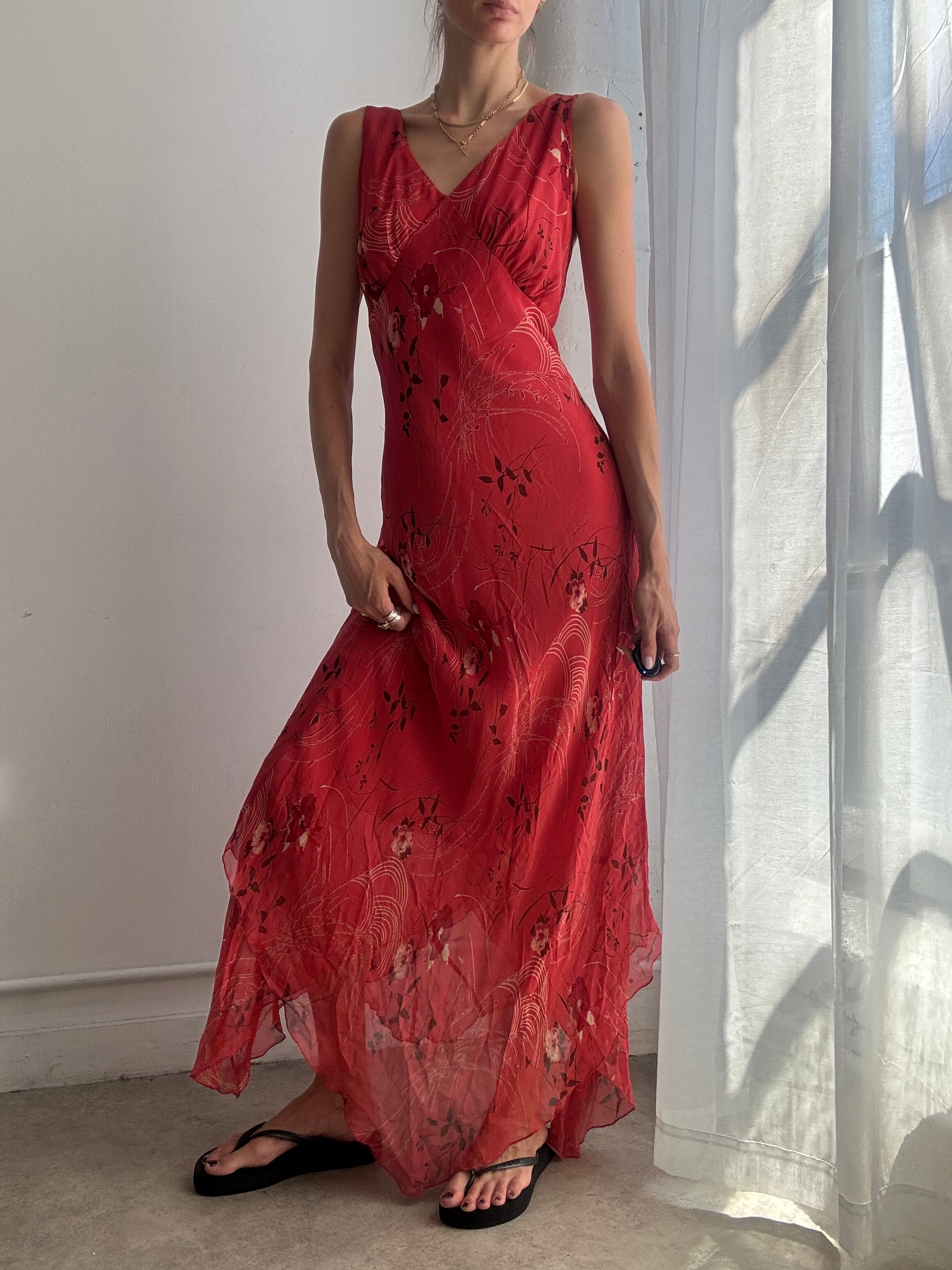 Vintage Red Floral Silk Maxi Dress Y2K - Size L