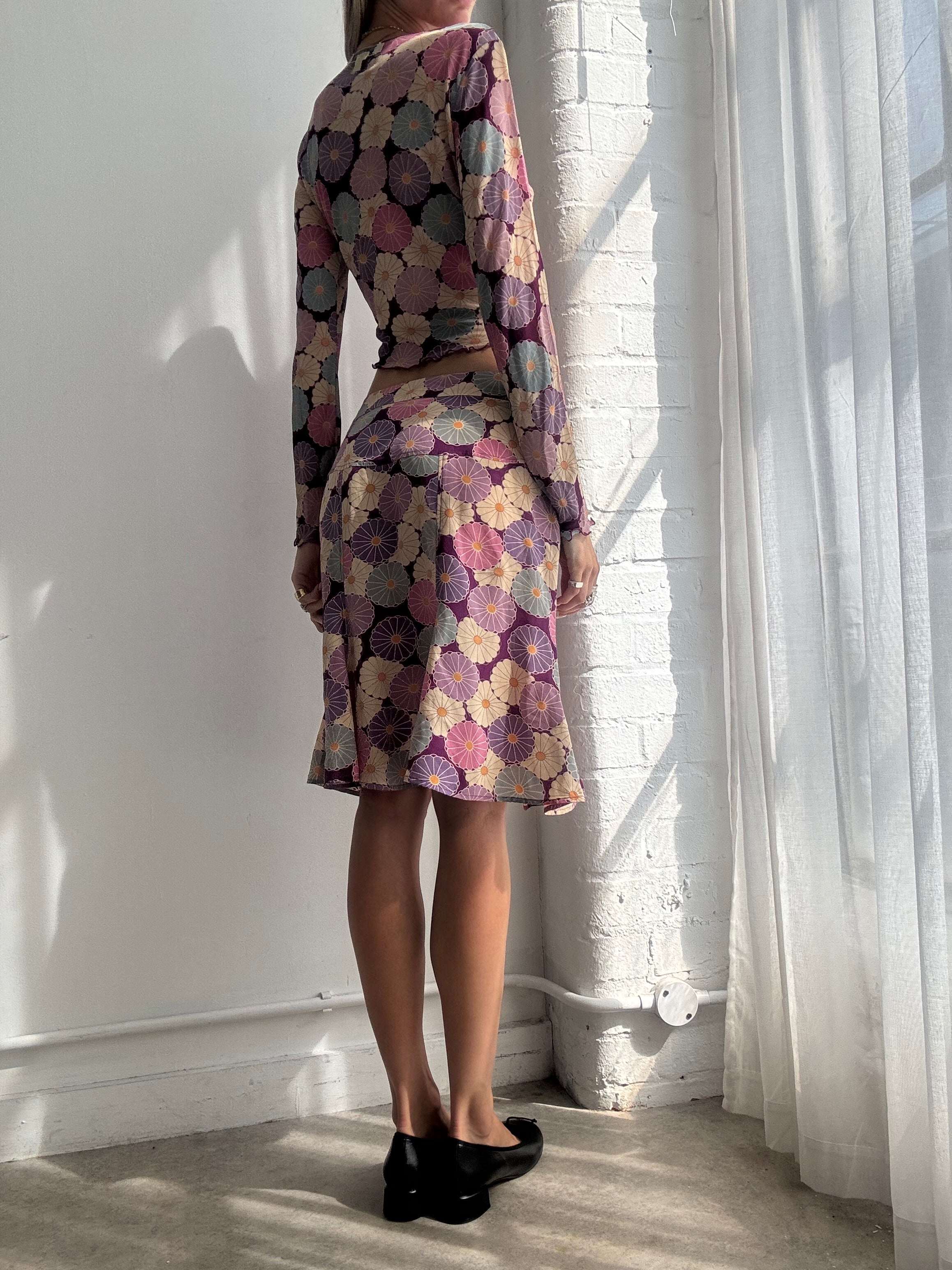 Vintage Y2K Silk Floral Two Piece Skirt & Top Set - Size M